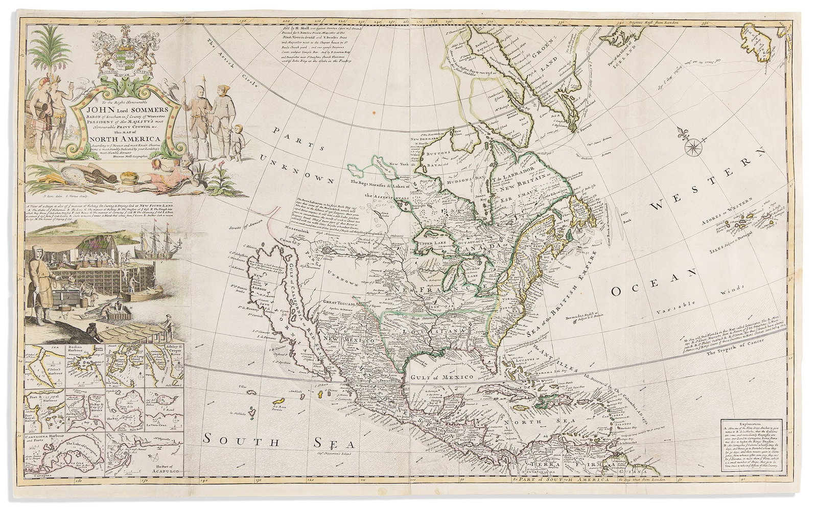 (COLONIAL NORTH AMERICA -- THE CODFISH MAP.) Herman Moll. To the Right Honourable John Lord: (COLONIAL NORTH AMERICA -- THE CODFISH MAP.) Herman Moll. To the Right Honourable John Lord Sommers... This Map of North America... is Most Humbly Dedicated. London, circa 1720 Large engraved map of N