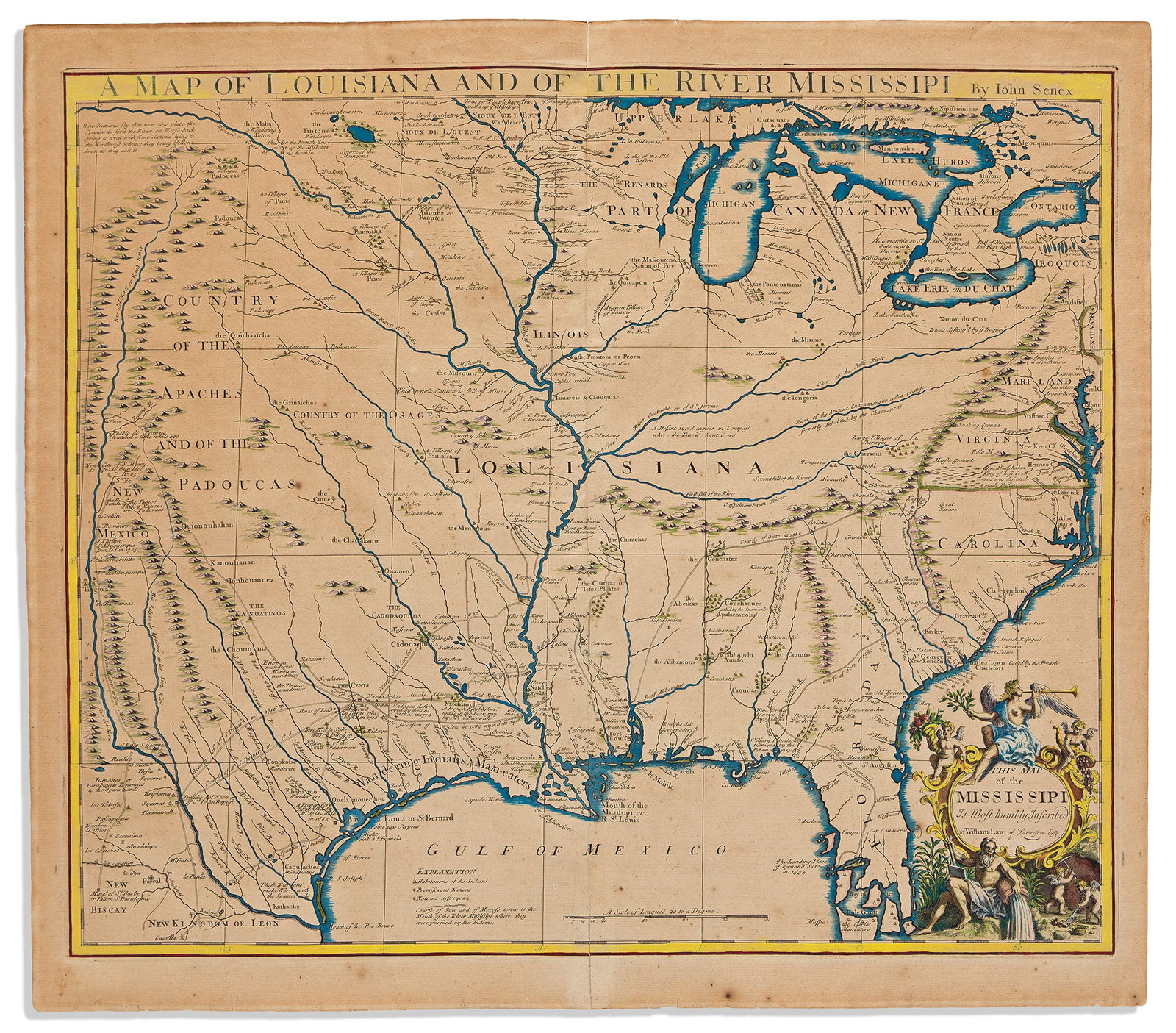 (COLONIAL NORTH AMERICA.) John Senex. A Map of Louisiana and of the River Mississipi. London, 1721: (COLONIAL NORTH AMERICA.) John Senex. A Map of Louisiana and of the River Mississipi. London, 1721 Double-page engraved map of Louisiana Territory and the Mississippi River watershed derived from De L