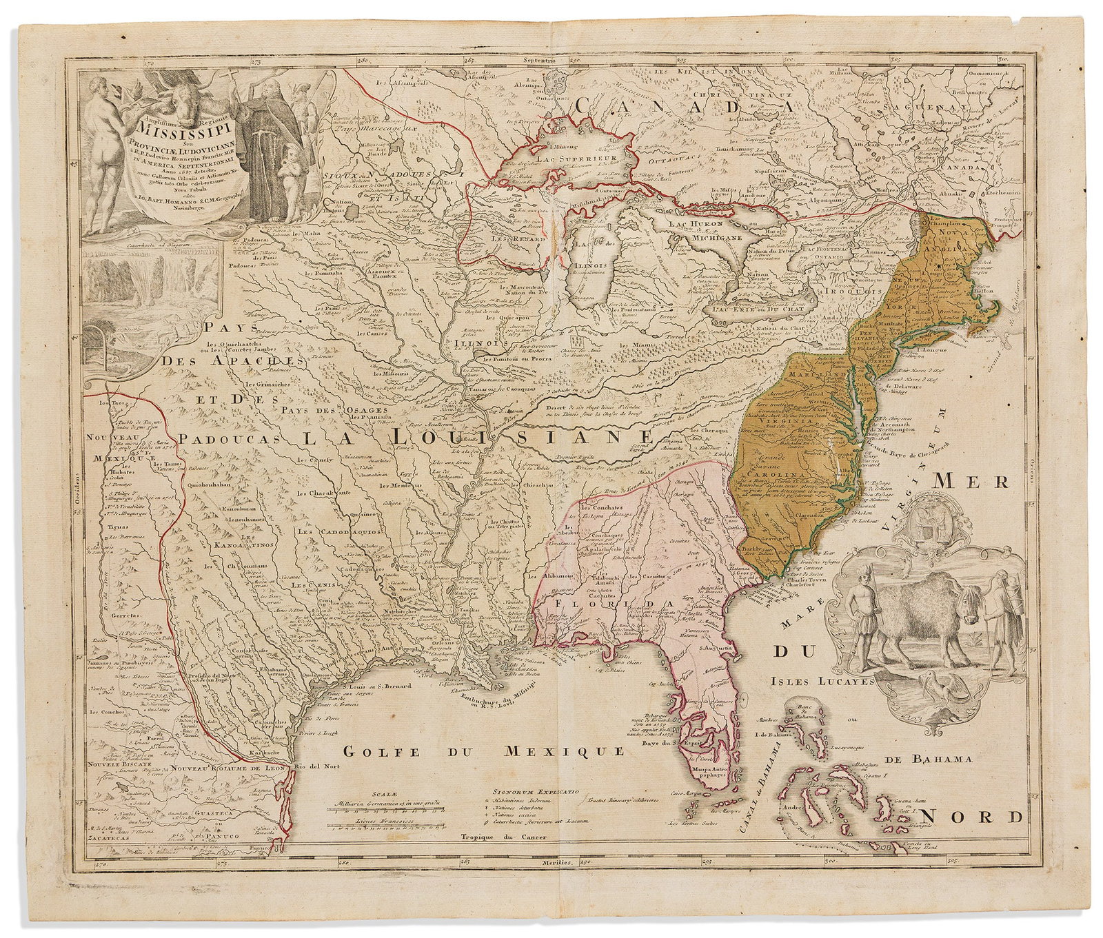 (COLONIAL NORTH AMERICA.) Johann Baptist Homann. Amplissimae Regionis Mississipi seu Provinciae: (COLONIAL NORTH AMERICA.) Johann Baptist Homann. Amplissimae Regionis Mississipi seu Provinciae Ludovicianae. Nuremberg, circa 1720 Double-page engraved map of eastern North America ornamented with an