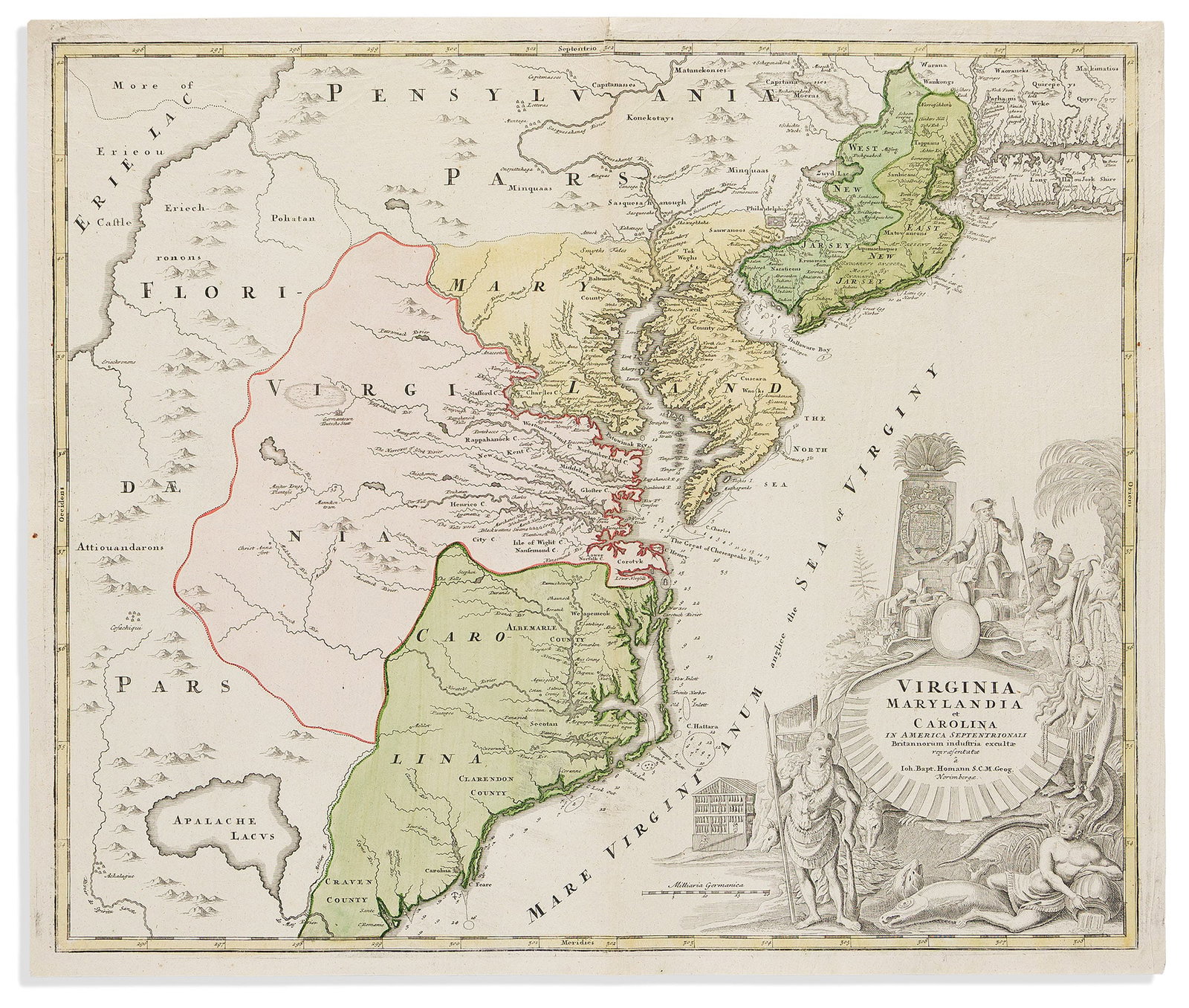 (COLONIAL NORTH AMERICA -- MIDDLE ATLANTIC.) Johann Baptist Homann. Virginia Marylandia et Carolina (1 of 1)