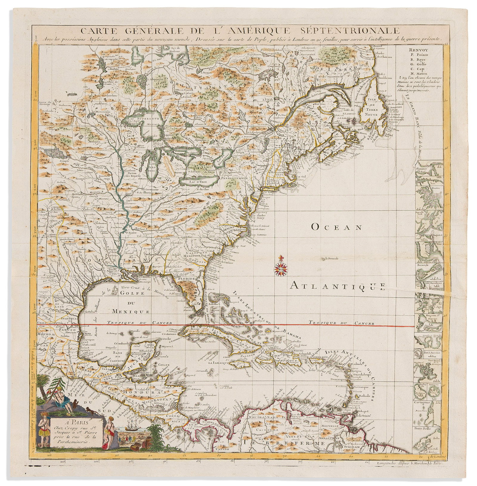 (COLONIAL NORTH AMERICA.) Jean-Baptiste Crepy; after Henry Popple. Carte Generale de l'Amerique (1 of 1)