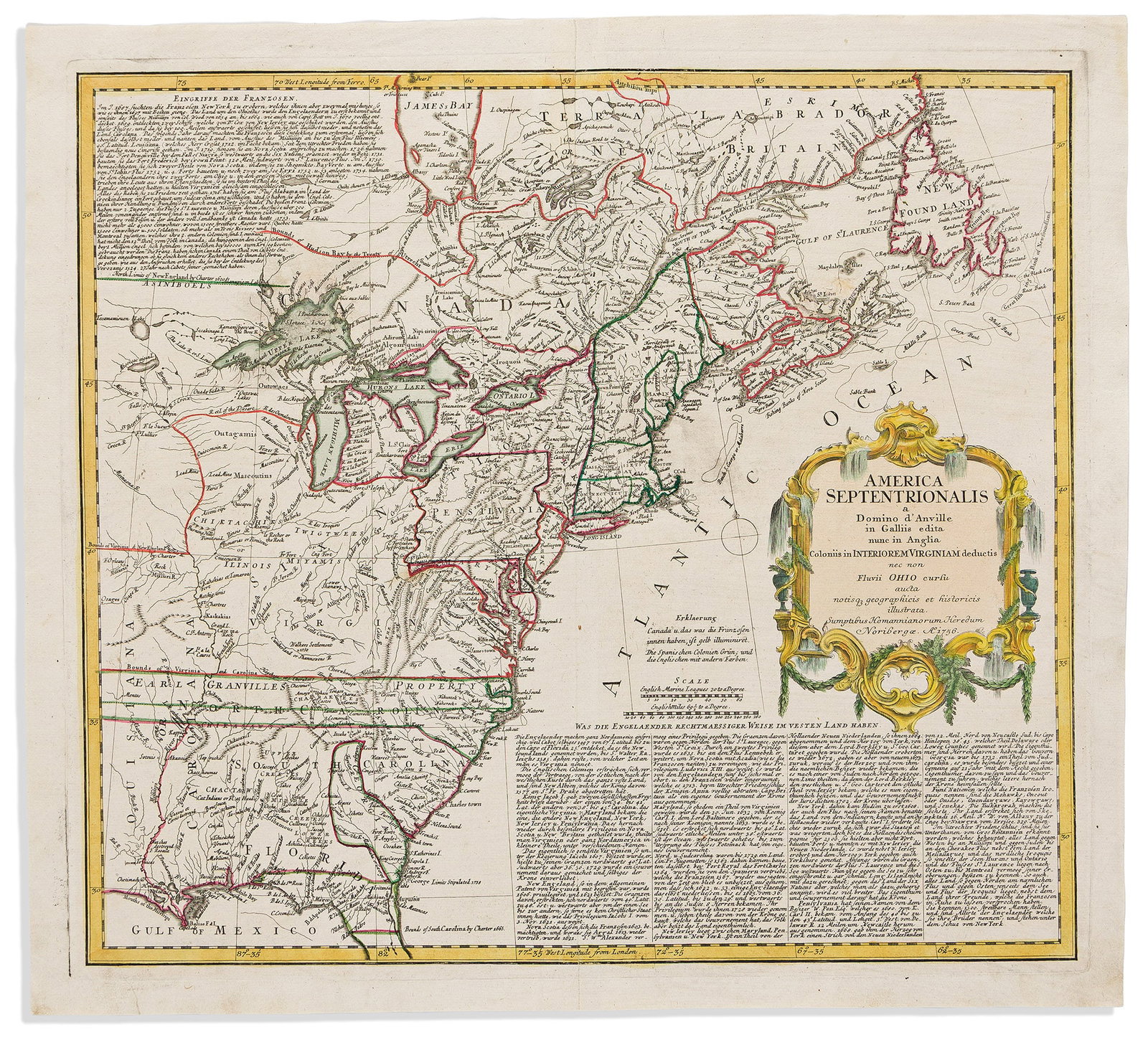 (COLONIAL NORTH AMERICA.) Homann Heirs; after Jean Baptiste d'Anville and Thomas Jefferys. America: (COLONIAL NORTH AMERICA.) Homann Heirs; after Jean Baptiste d'Anville and Thomas Jefferys. America Septentrionalis a Domino d'Anville in Galliis Edita Nunc in Anglia Coloniis in Interiorem Virginiam D