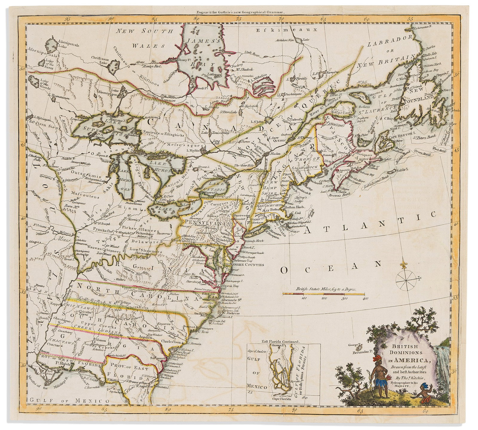 (COLONIAL NORTH AMERICA.) Thomas Kitchin. British Dominions in America. London, circa 1780: (COLONIAL NORTH AMERICA.) Thomas Kitchin. British Dominions in America. London, circa 1780 Engraved folding map of eastern North America derived from Mitchell and published in Guthrie's Geographical G