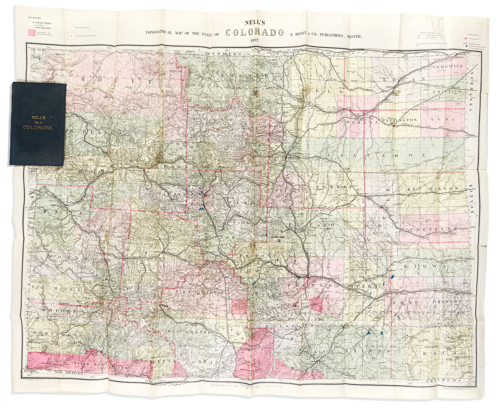 (COLORADO.) Louis Nell. Nell's Topographical Map of the State of Colorado. Denver: E. Besly & Co.,: (COLORADO.) Louis Nell. Nell's Topographical Map of the State of Colorado. Denver: E. Besly & Co., 1892 Large extremely well-detailed lithographed pocket map of the state. 32¼x40½ inches