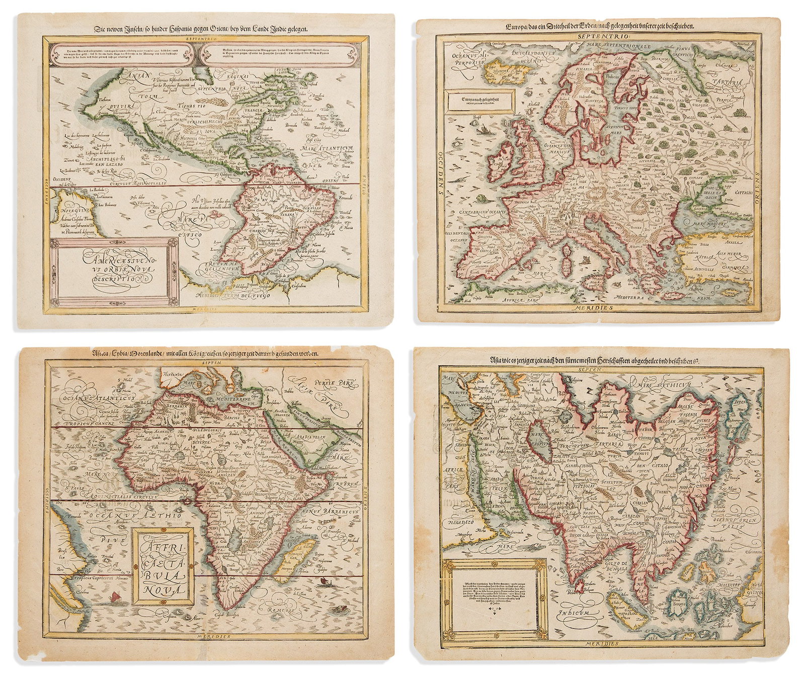 (CONTINENTS.) Sebastian Münster. Set of 4 hand-colored woodcut maps of Europe, Asia, Africa, (1 of 1)