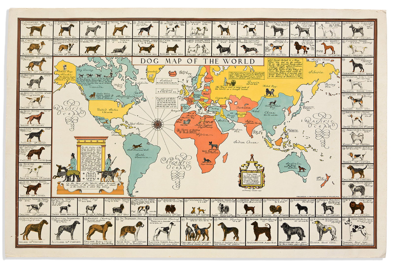 (DOGS.) Joseph P. Sims. Dog Map of the World. Philadelphia: J.L. Smith & Co., 1942 (1 of 1)