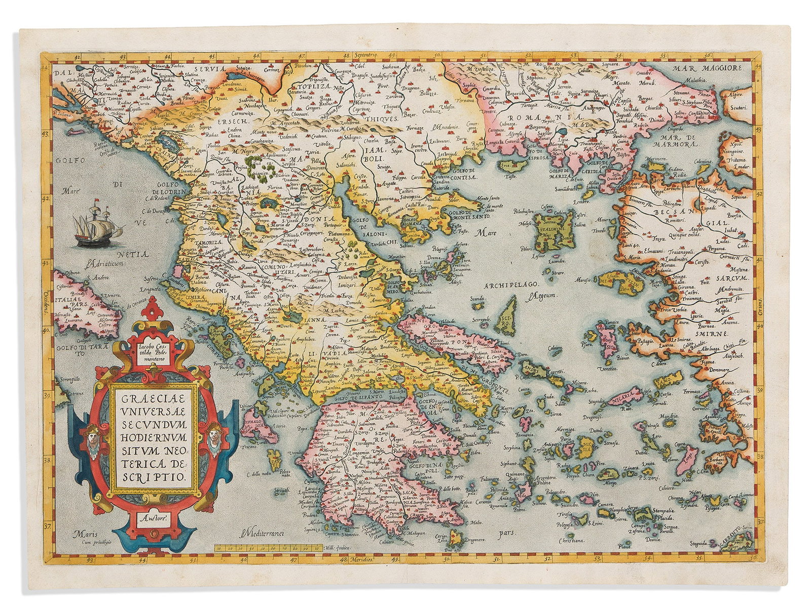 (GREECE.) Abraham Ortelius. Graeciae Universae Secundum Hodiernum Situm Neoterica Descriptio. (1 of 1)