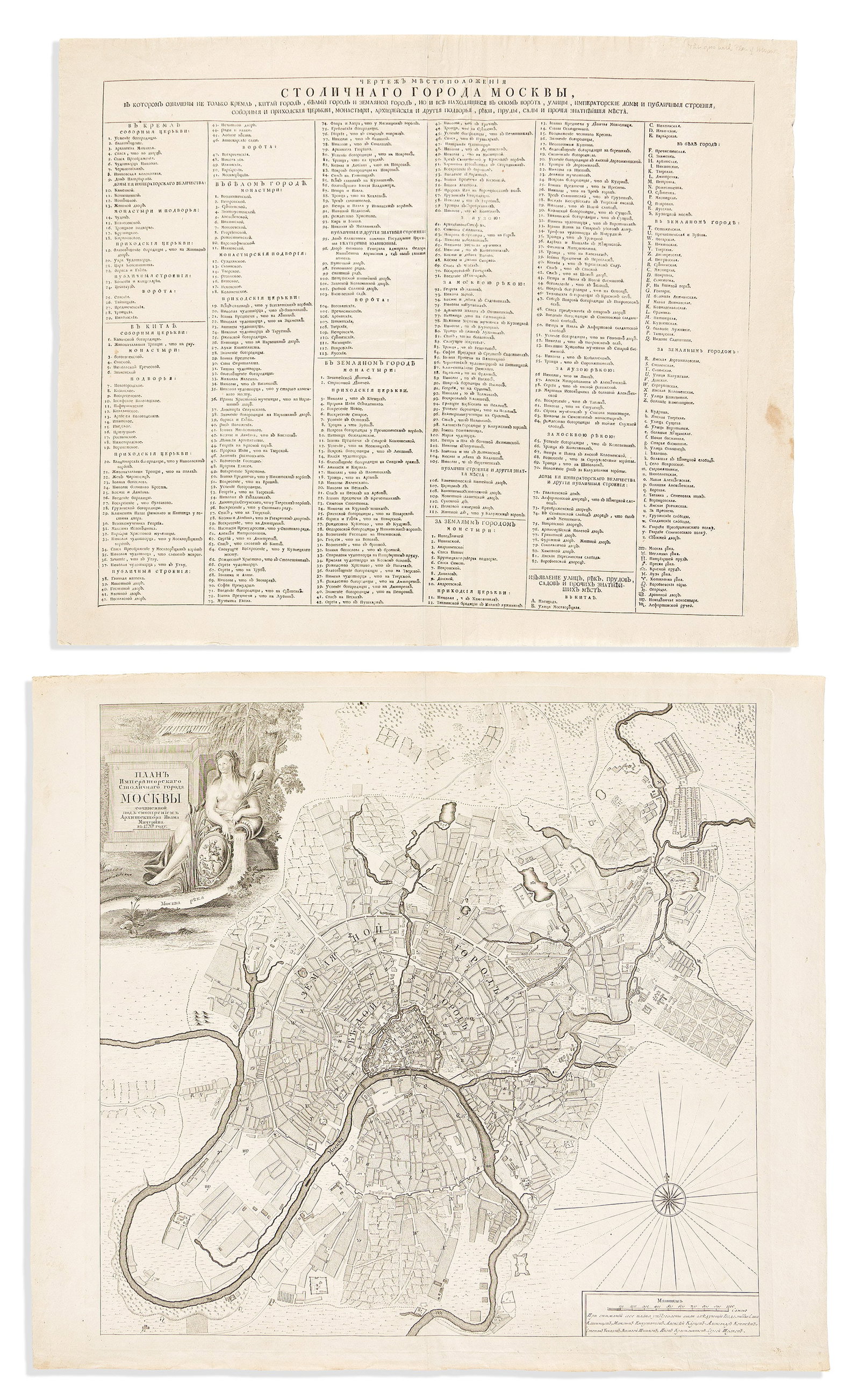 (MOSCOW.) Ivan Fyodorovich Michurin. Plan Imperatorskago Stolichnago Goroda Moskvy [Plan of the: (MOSCOW.) Ivan Fyodorovich Michurin. Plan Imperatorskago Stolichnago Goroda Moskvy [Plan of the Imperial Capital City of Moscow]. St. Petersburg: Imperial Academy of Sciences, 1739 Double-page engrave