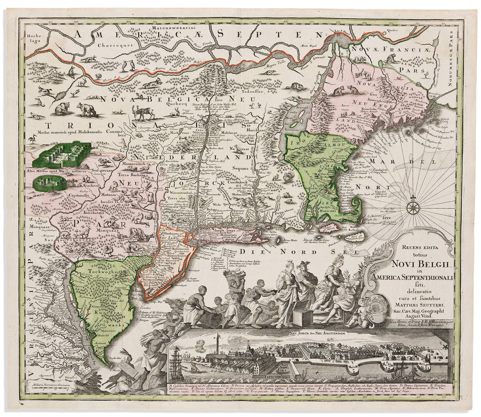 (NEW ENGLAND.) Matthaeus Seutter. Recens Edita Totius Novi Belgii in America Septentrionali.: (NEW ENGLAND.) Matthaeus Seutter. Recens Edita Totius Novi Belgii in America Septentrionali. Augsburg, circa 1735 Double-page engraved map of northeast North America with appealing provincial decorati