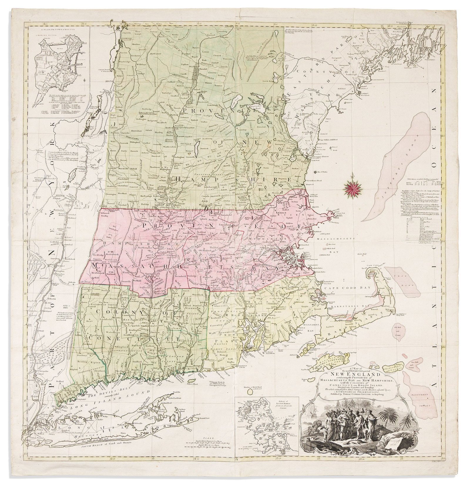 (NEW ENGLAND.) Tobias Conrad Lotter; after Braddock Mead (alias John Green). A Map of the Most: (NEW ENGLAND.) Tobias Conrad Lotter; after Braddock Mead (alias John Green). A Map of the Most Inhabited Part of New England, Containing the Provinces of Massachusets Bay and New Hampshire, with the C