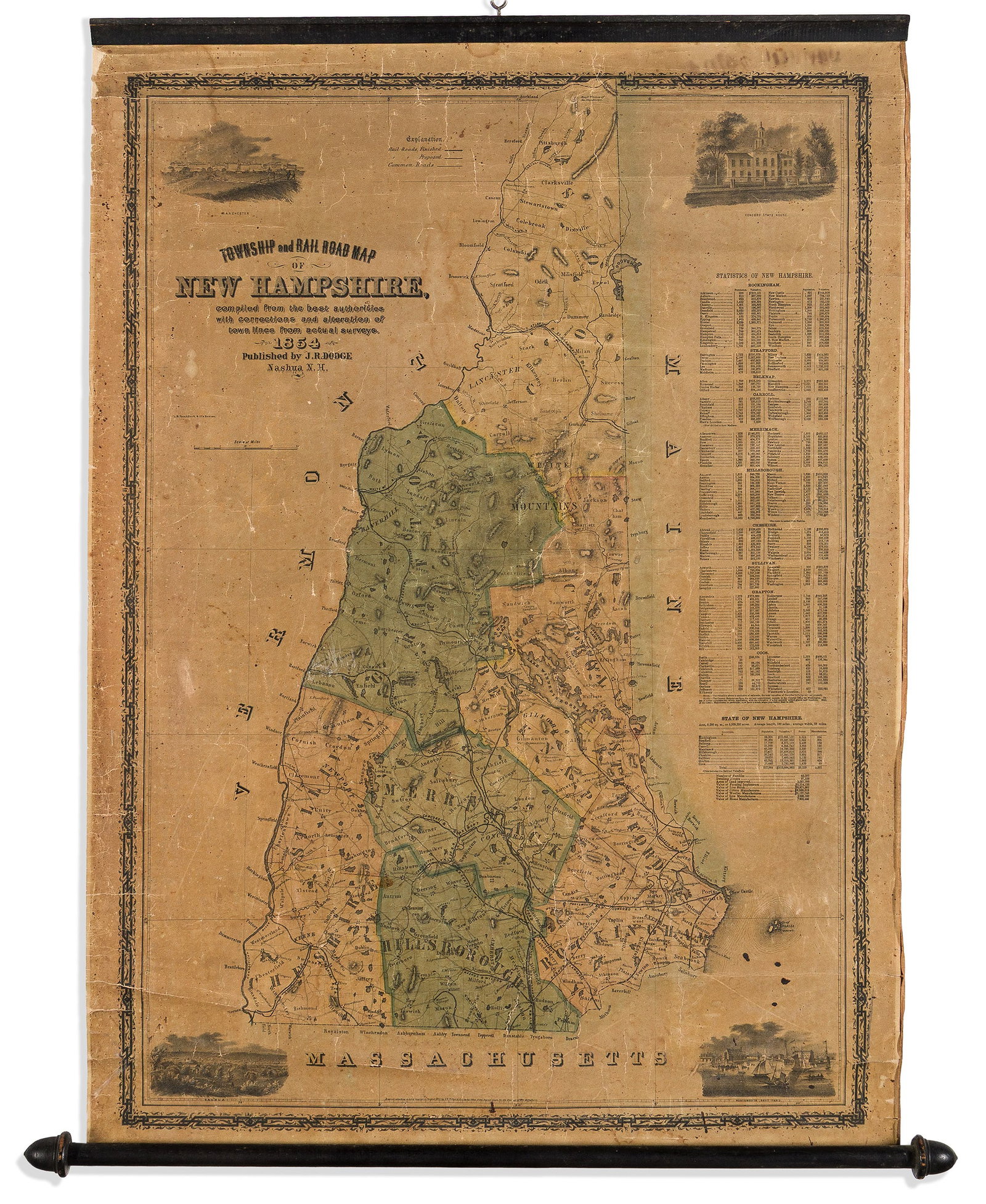 (NEW HAMPSHIRE.) J.R. Dodge. Township and Rail Road Map of New Hampshire. Nashua, NH, 1854 (1 of 1)