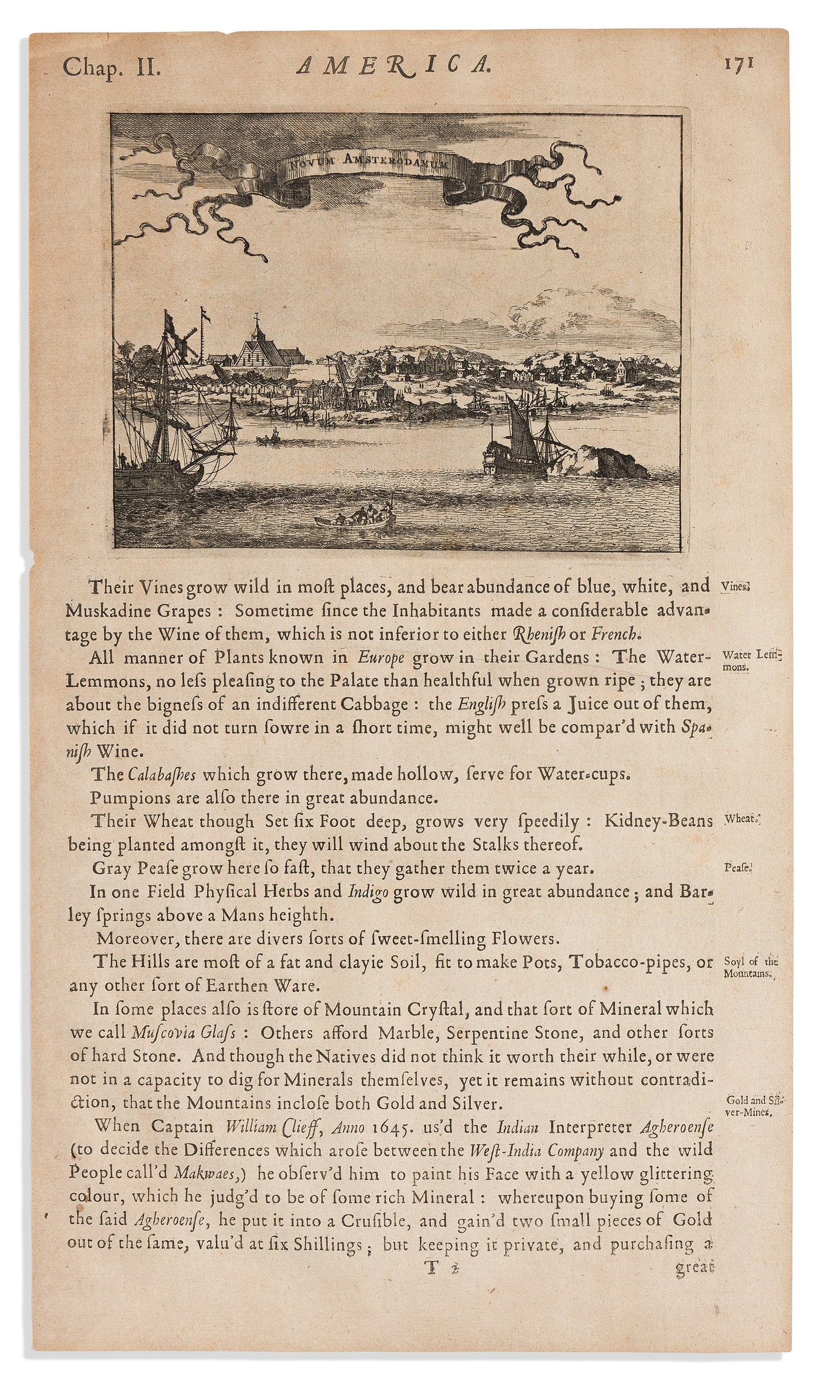 (NEW YORK CITY.) John Ogilby. Novum Amsterodamum. London, 1671: (NEW YORK CITY.) John Ogilby; after Arnoldus Montanus. Novum Amsterodamum. London, 1671 Engraved view of Dutch Manhattan on a folio leaf of English text. 5x6½ inches image size, 15x8½ 