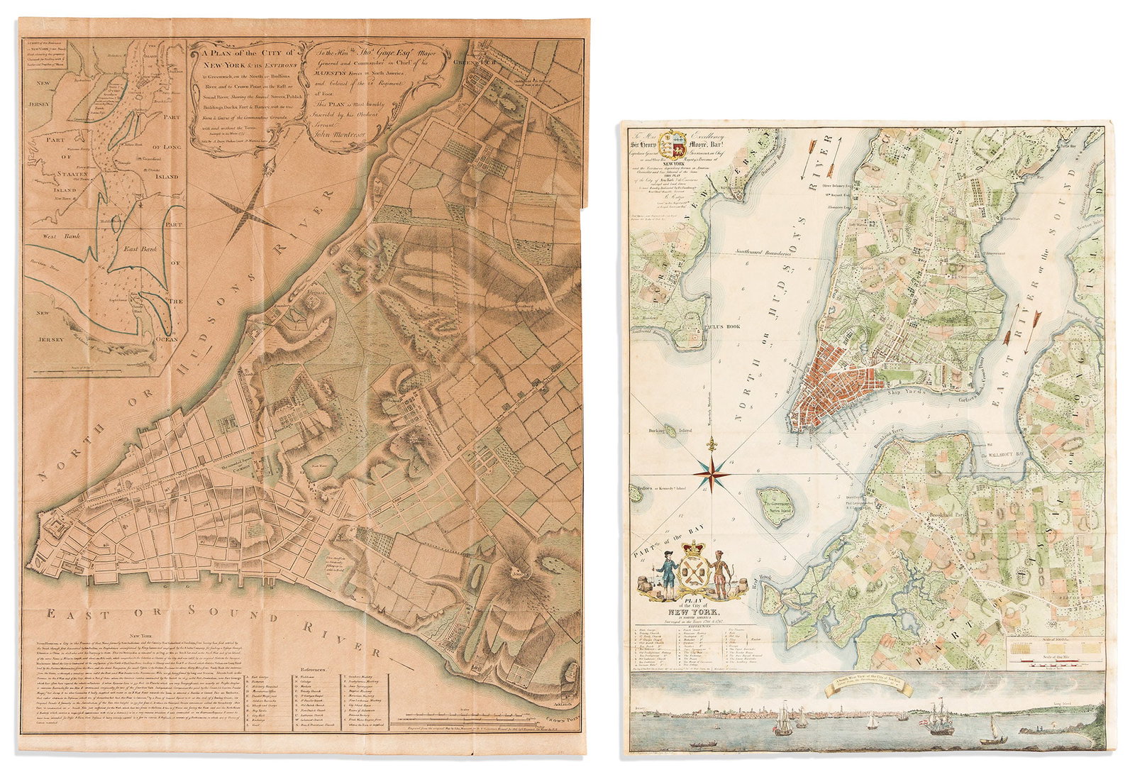 (NEW YORK CITY.) George Hayward, lithographer. Valentine's Manual maps reproducing two of the most: (NEW YORK CITY.) George Hayward, lithographer. Valentine's Manual maps reproducing two of the most important eighteenth-century printed maps of New York. New York, 1854-1855 Hand colored lithographs:&