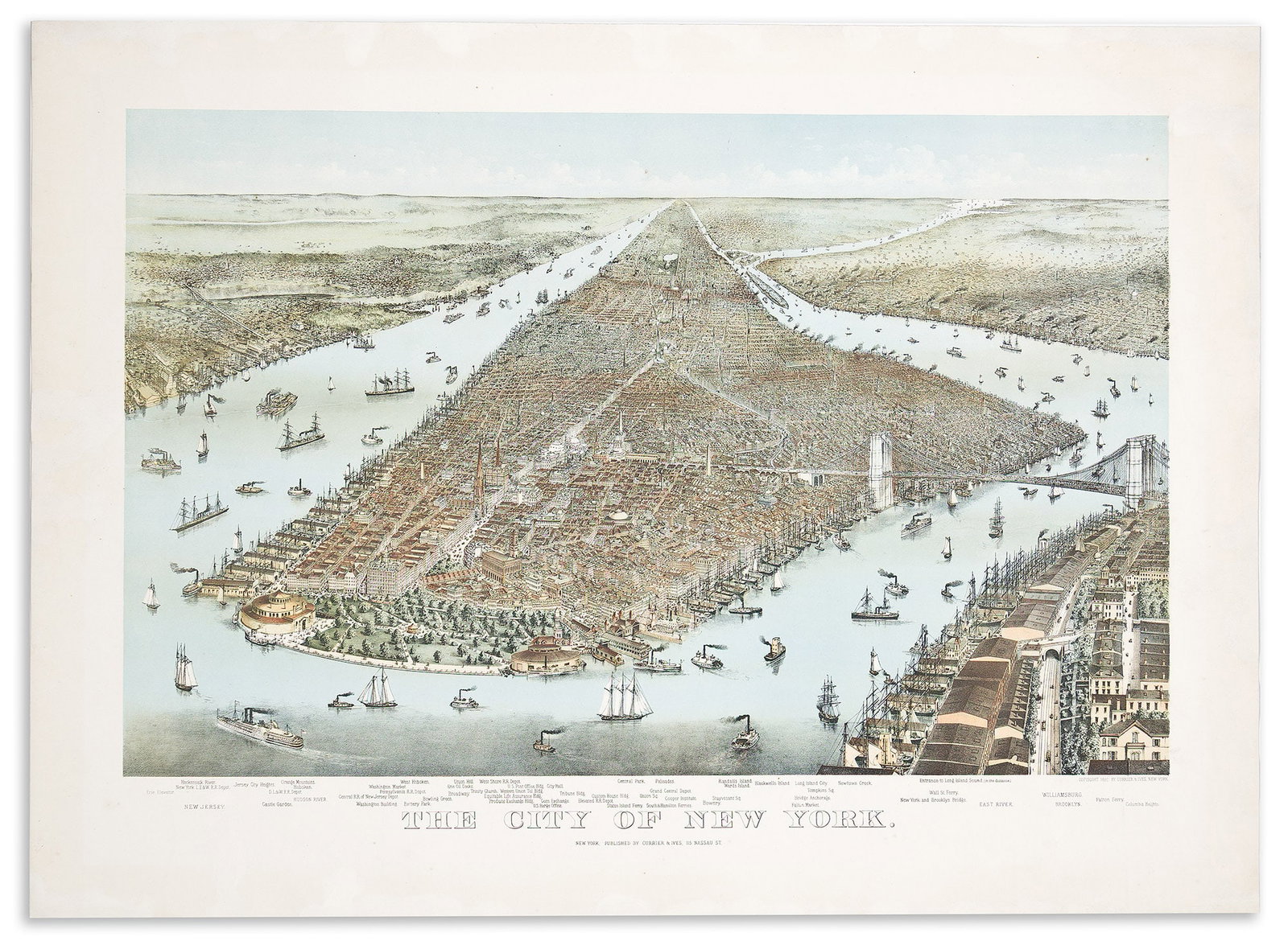 (NEW YORK CITY.) Currier & Ives. The City of New York. New York, 1892: (NEW YORK CITY.) Currier & Ives. The City of New York. New York, 1892 Large chromolithographed aerial panorama of New York City with scores of site locations captioned below the image. 30x41 inche
