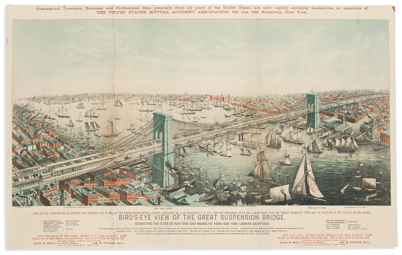 (NEW YORK CITY.) Bird's-Eye View of the Great Suspension Bridge, Connecting the Cities of New York (1 of 1)