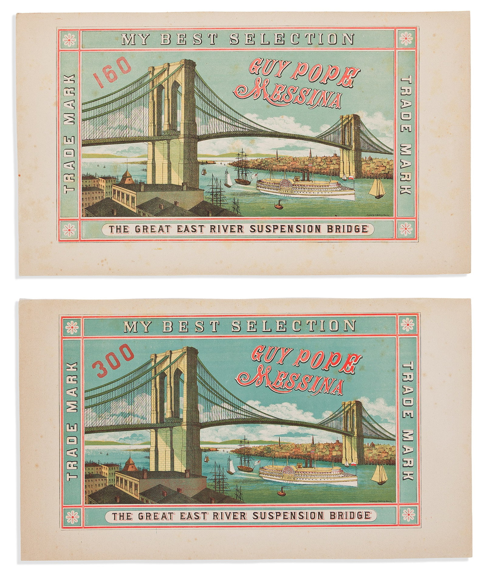 (NEW YORK CITY.) E. Bühring. The Great East River Suspension Bridge. Messina, 1880s (1 of 1)