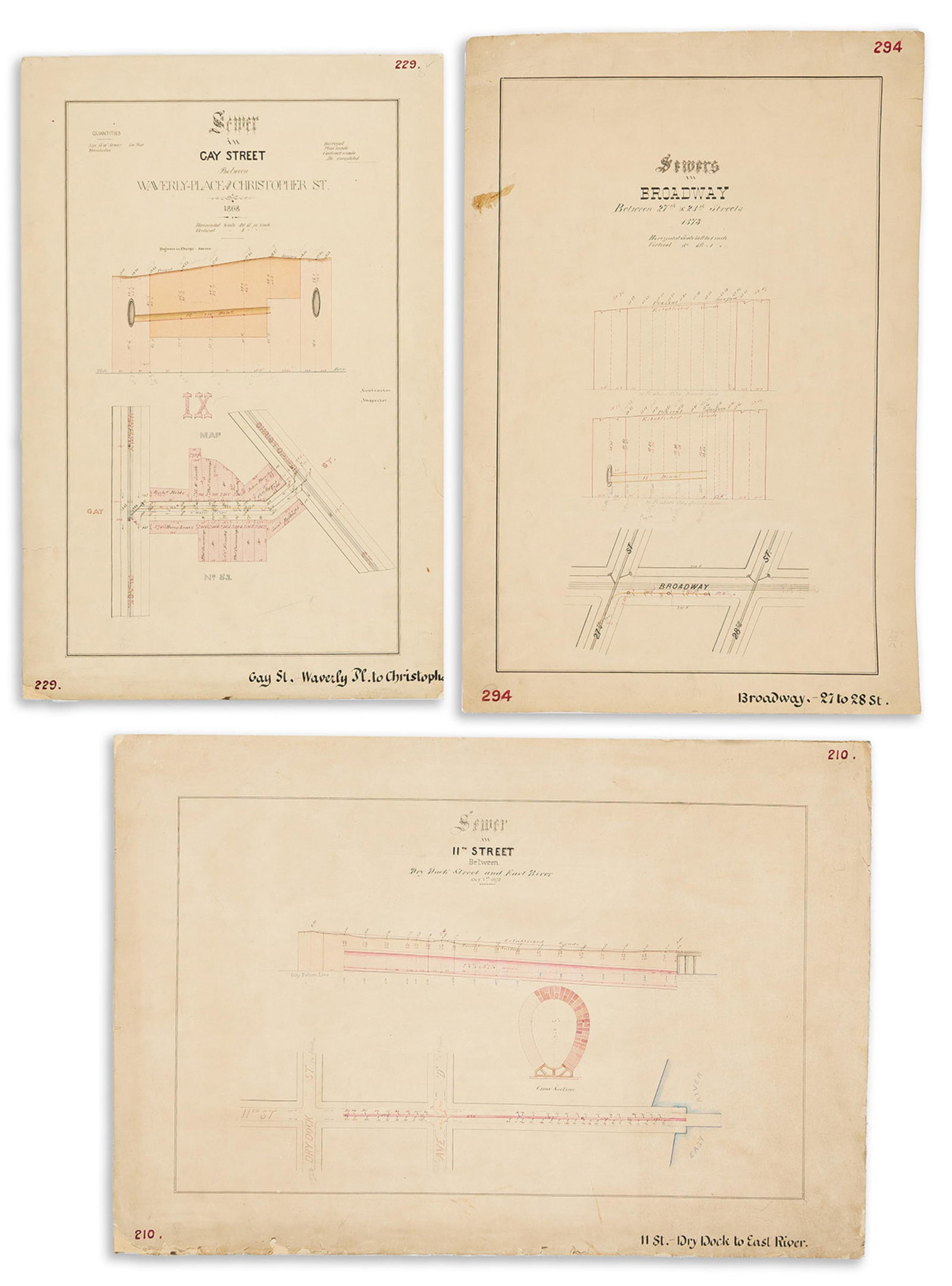 (NEW YORK CITY -- SEWER PLANNING.) Six neatly-drafted manuscript plans delineating sections of lower (1 of 2)