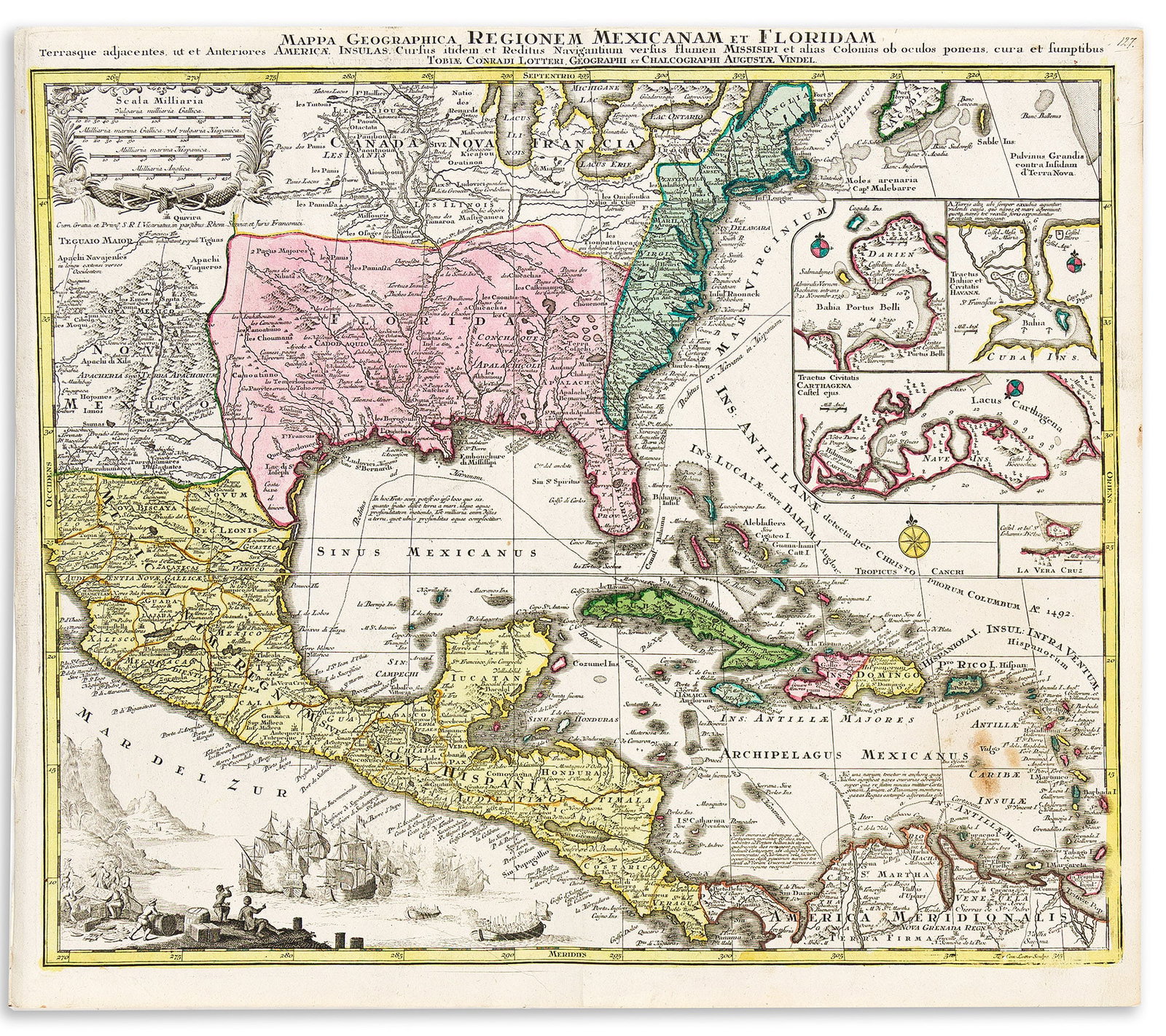 (NORTH AMERICA / CARIBBEAN.) Matthaeus Seutter; and Tobias Conrad Lotter. Mappa Geographica Regionem (1 of 1)