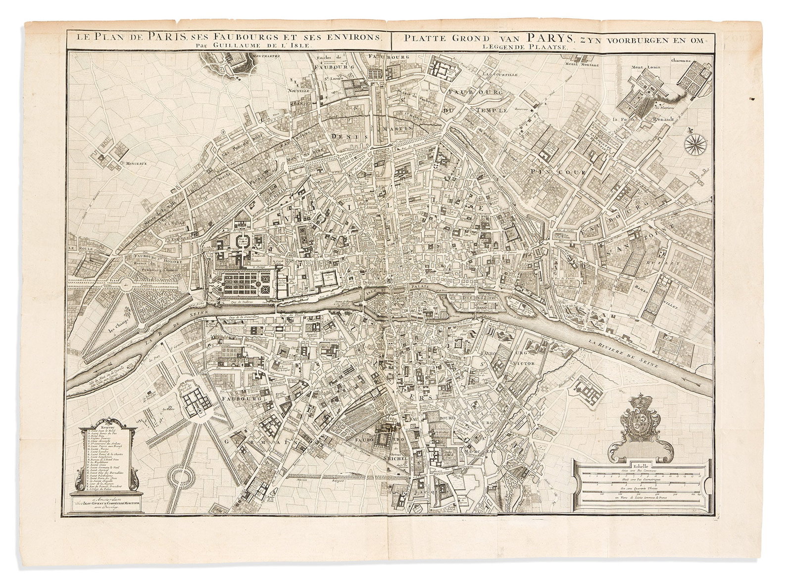 (PARIS.) Covens & Morier; after Guillaume de L'Isle. Le Plan de Paris, ses Faubourgs et ses: (PARIS.) Covens & Morier; after Guillaume de L'Isle. Le Plan de Paris, ses Faubourgs et ses Environs. Amsterdam, circa 1740 Large engraved map of Paris centered on the islands of the Seine and ext