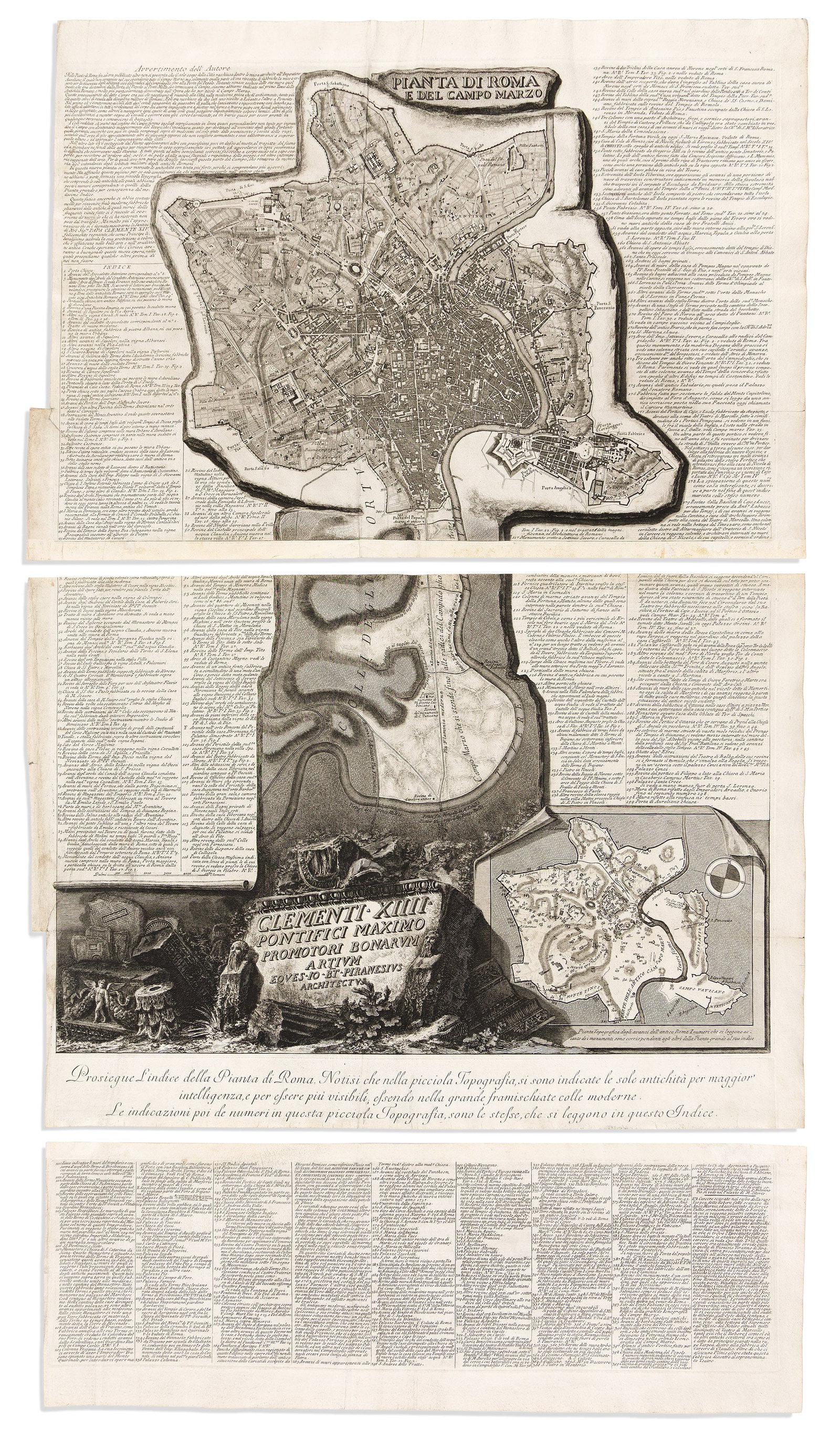 (ROME.) Giovanni Battista Piranesi. Pianta di Roma e del Campo Marzo. Rome, circa 1774: (ROME.) Giovanni Battista Piranesi. Pianta di Roma e del Campo Marzo. Rome, circa 1774 Large plan of Rome etched and engraved as a trompe l'oeil stone tablet and keyed with the locations of over 400 a