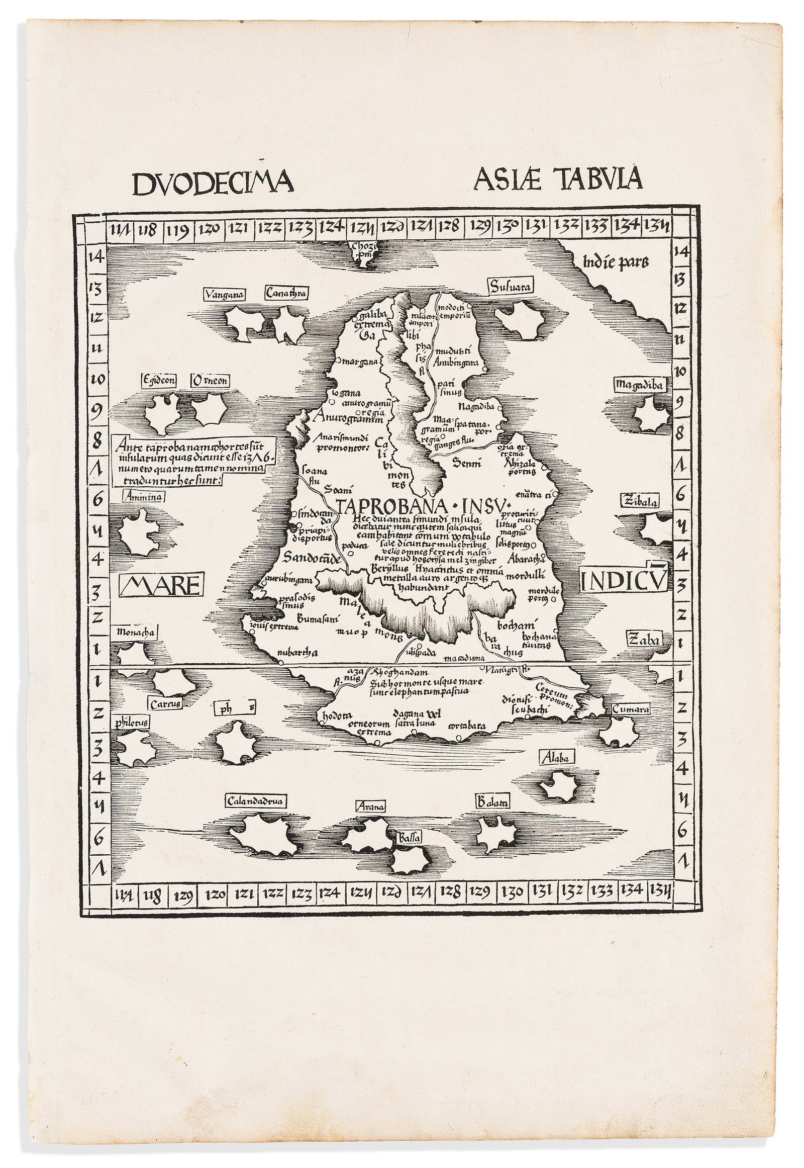 (SRI LANKA.) Martini Waldseemuller. Duodecima Asiae Tabula. [Taprobana Insu]. Strassburg, 1513: (SRI LANKA.) Martin Waldseemuller. Duodecima Asiae Tabula. [Taprobana Insu]. Strassburg, 1513 Full-page woodcut map of sixteenth-century Sri Lanka surrounded by 20 specious filler islands and a touch 