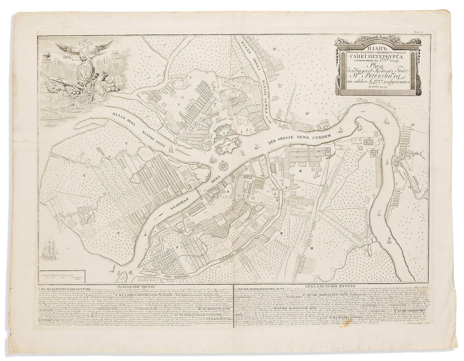 (ST. PETERSBURG.) Georg Johann Unverzagt, engraver. Plan der Kayserl Residentz Stadt St. Petersburg: (ST. PETERSBURG.) Georg Johann Unverzagt, engraver. Plan der Kayserl Residentz Stadt St. Petersburg wie Solcher Ao. 1737 Aufgenommen Worden. St. Petersburg, circa 1740 Double-page engraved plan of St.