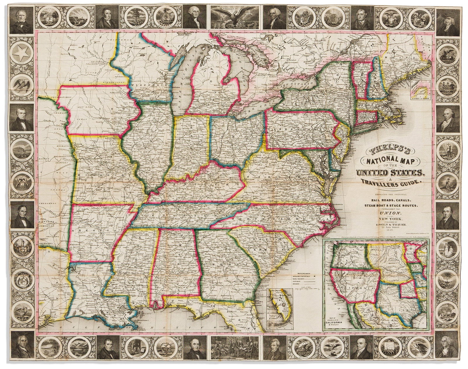 (UNITED STATES.) John M. Atwood, engraver. Phelps's National Map of the United States, A Travellers: (UNITED STATES.) John M. Atwood, engraver. Phelps's National Map of the United States, A Travellers Guide. New York: Ensign & Thayer, 1849 Engraved map of the eastern United States with an inset o