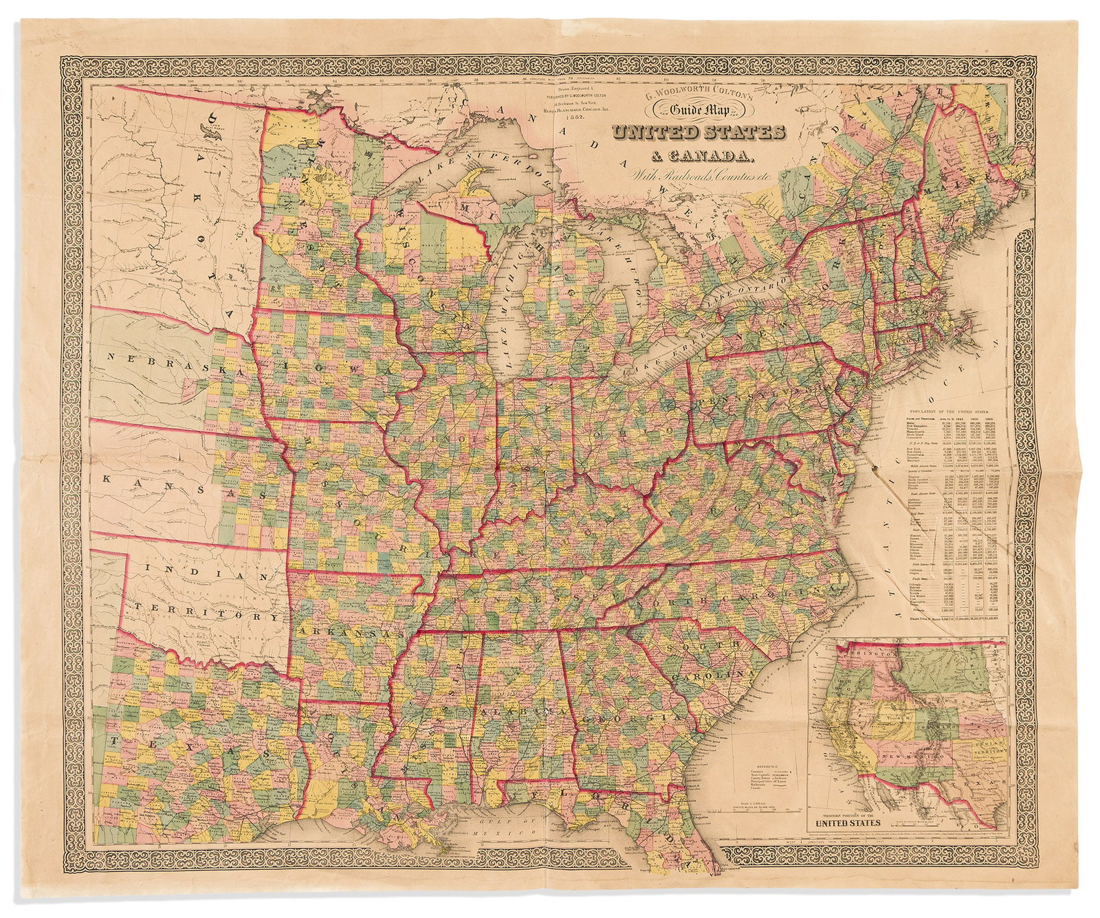 (UNITED STATES.) George Woolworth Colton. New Guide Map of the United States & Canada, with: (UNITED STATES.) George Woolworth Colton. New Guide Map of the United States & Canada, with Railroads, Counties, etc. New York: Colton; and Chicago: Rufus Blanchard, 1862 Large lithographed map of