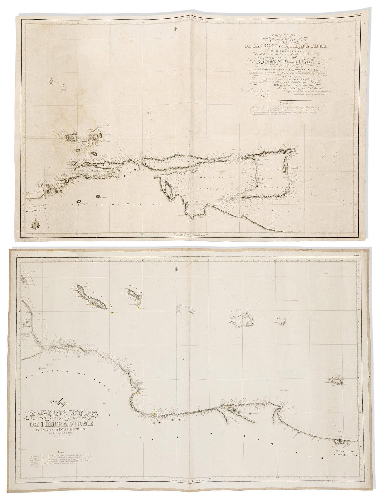 (VENEZUELA.) Direccion Hidrografia. Two large engraved charts detailing surveys of Joaquin Francisco (1 of 1)