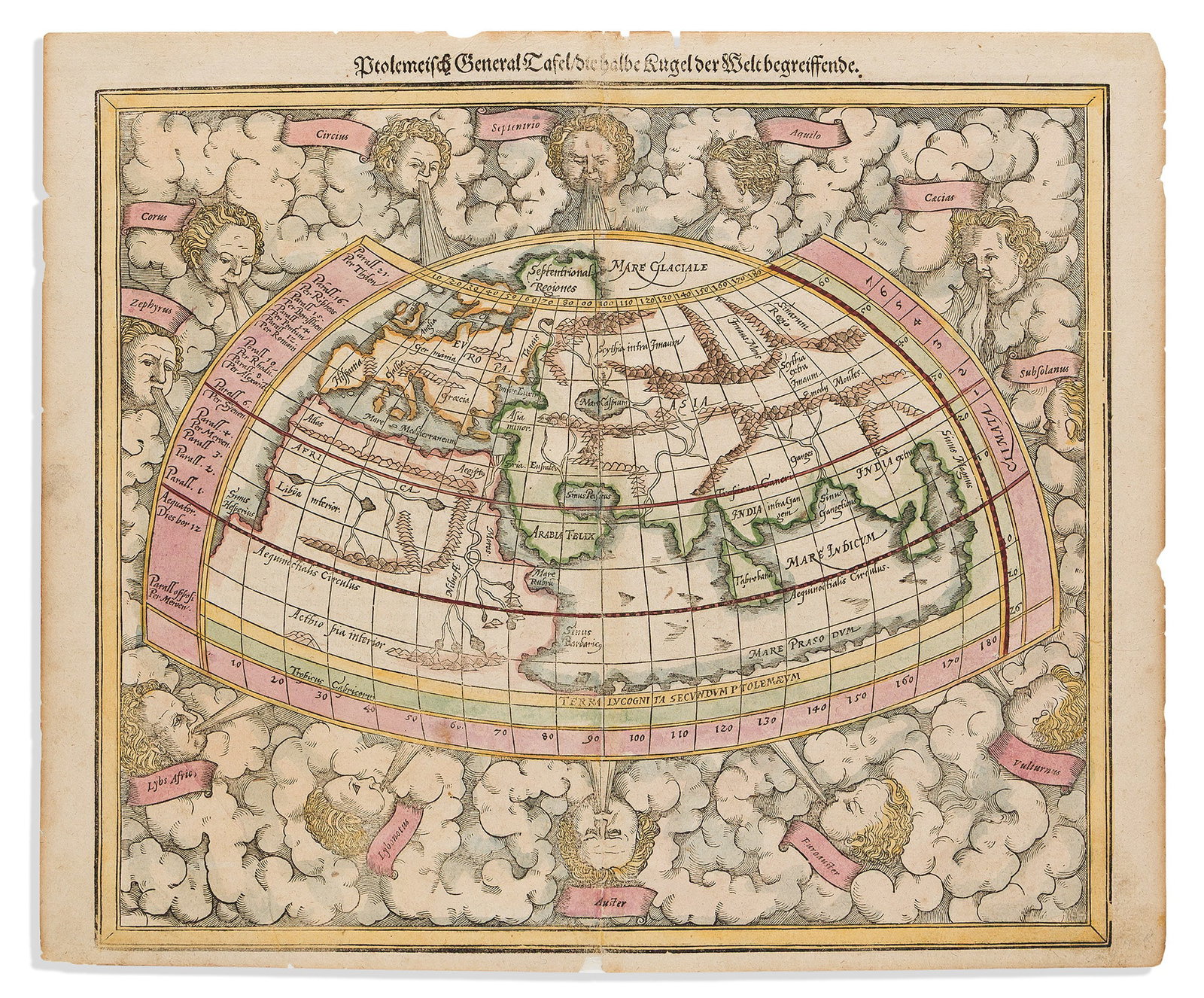 (WORLD -- PTOLEMAIC.) Sebastian Münster. Ptolemeisch General Tafel / die Halbe Kugel der Welt (1 of 1)