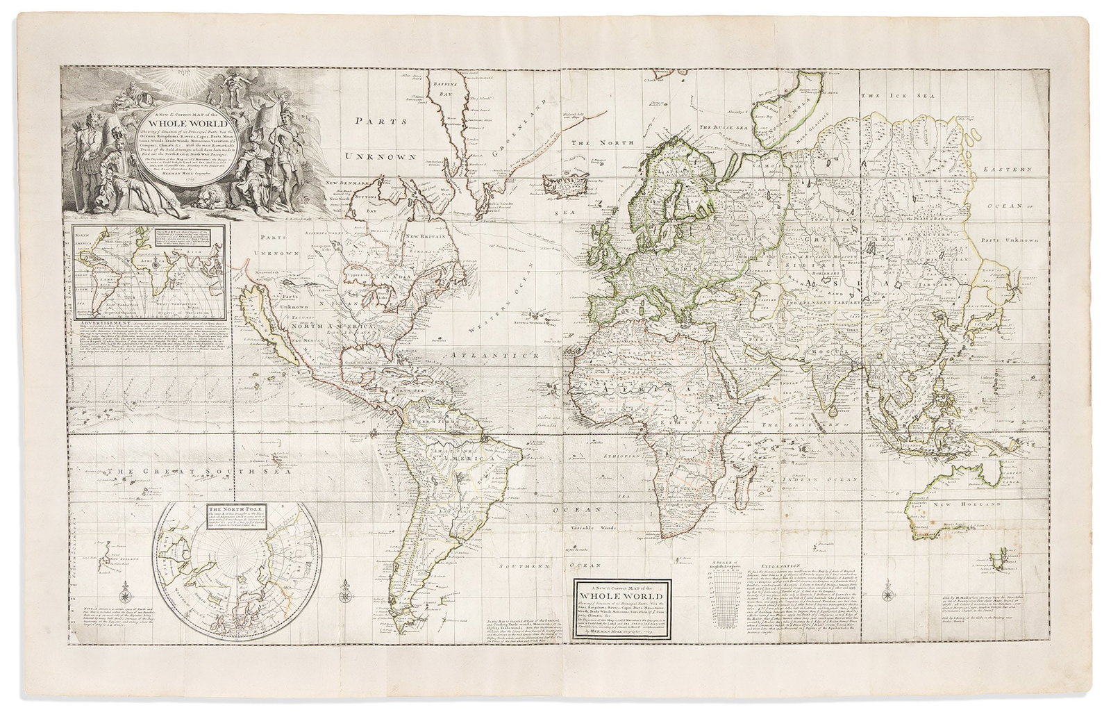 (WORLD.) Herman Moll. A New and Correct Map of the Whole World Shewing ye Situation of its Principal: (WORLD.) Herman Moll. A New and Correct Map of the Whole World Shewing ye Situation of its Principal Parts... The Projection of this Map is Call'd Mercator's, the Design is to make it Useful both for 