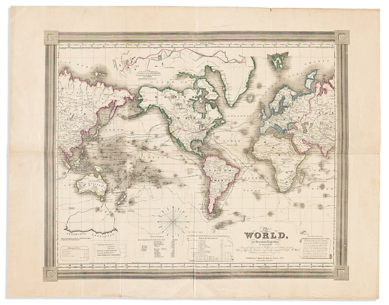 (WORLD.) David Burr. The World on Mercator's Projection. Boston: J. Haven 1850: (WORLD.) David Burr. The World on Mercator's Projection. Boston: J. Haven 1850 Large engraved map of the world with explorer's tracks and an inset of the proposed railroad from St. Louis to San Franci