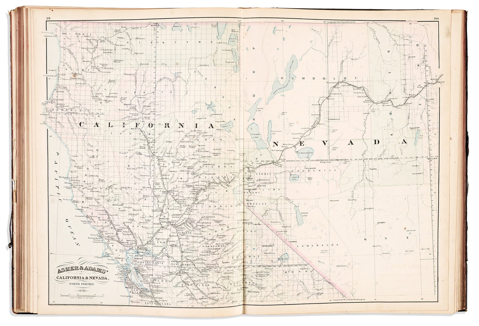 (AMERICAN ATLAS.) Asher & Adams. New Statistical and Topographical Atlas of the United States. New: (AMERICAN ATLAS.) Asher & Adams. New Statistical and Topographical Atlas of the United States. New York, 1872 28 double-page hand-colored lithographed mapsheets. Folio, 17½x13 inches, publish