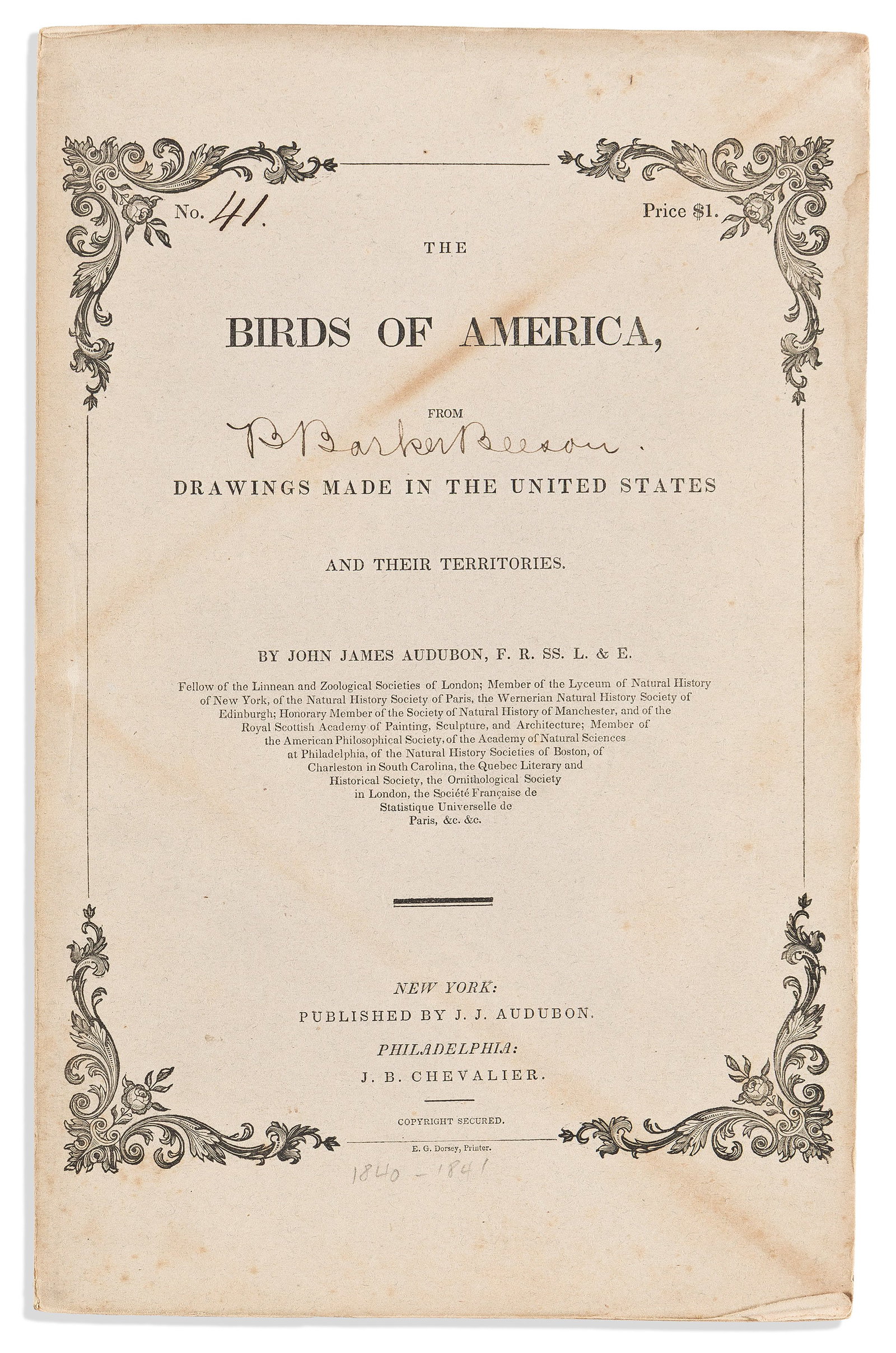 (BIRDS.) John James Audubon. The Birds of America. Octavo edition, part 41.New York and (1 of 2)