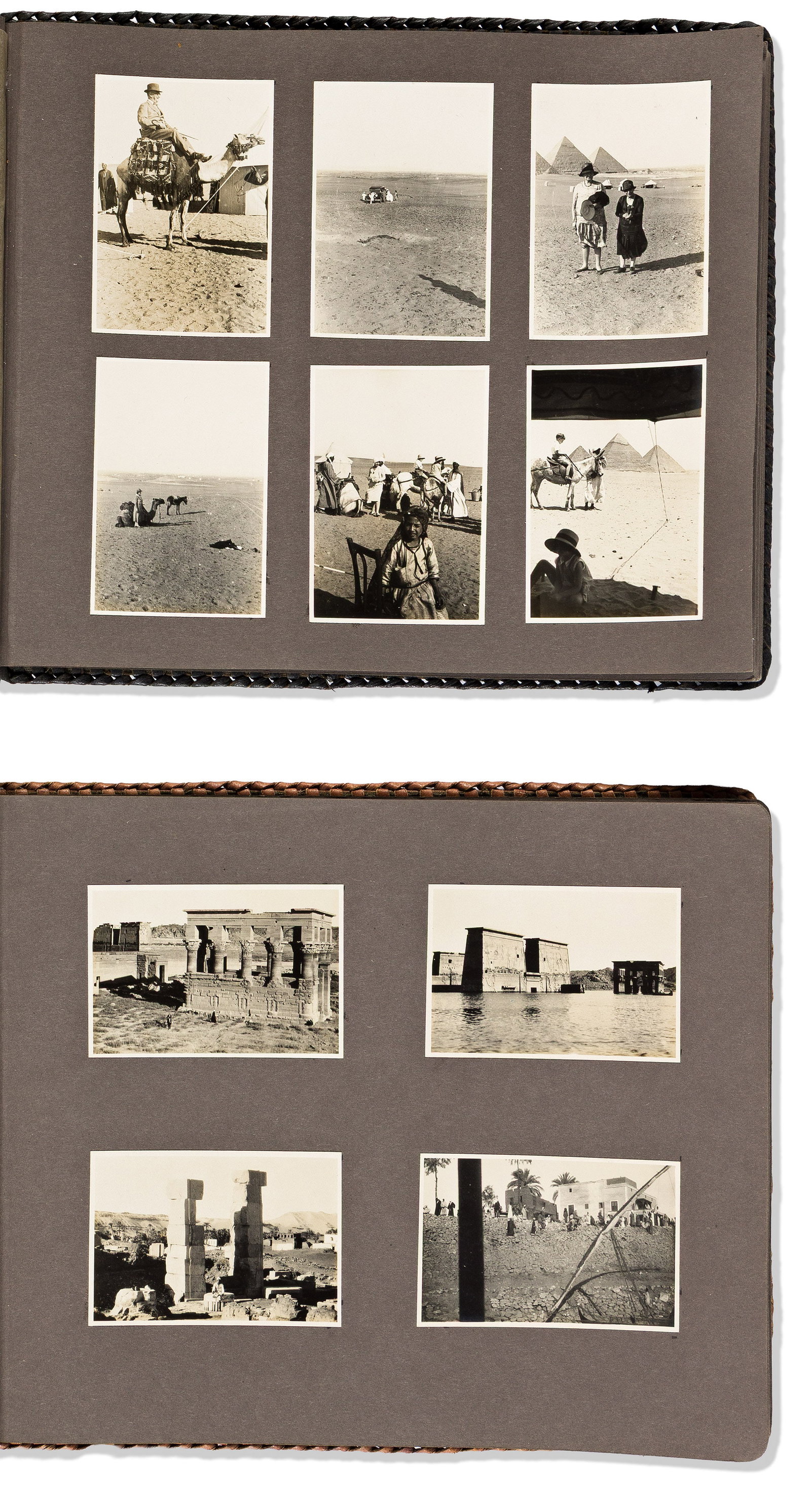 (PHOTOGRAPHY -- EGYPT.) Collection of approximately 200 small-format traveler's vernacular: (PHOTOGRAPHY -- EGYPT.) Traveler's anthology of approximately 200 small-format vernacular photographs. Np, circa 1930 Silver prints, 3½x2¼ inches each, mounted to black album leaves. 2