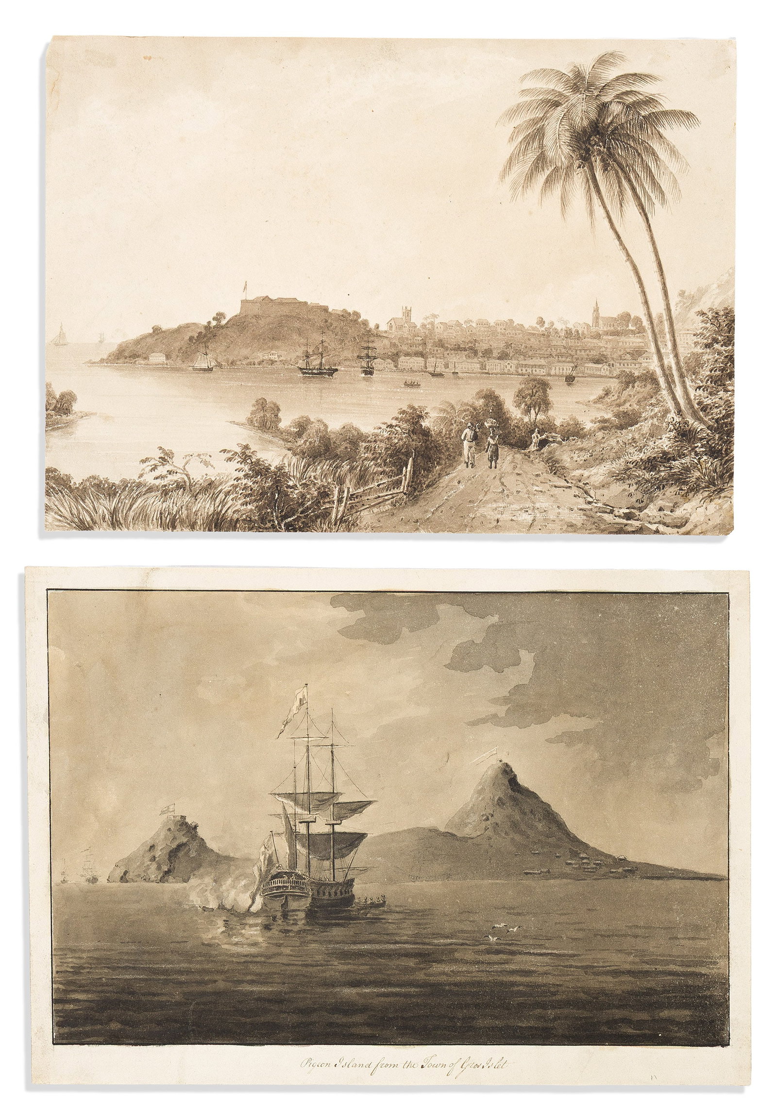 (CARIBBEAN.) Two fine nineteenth-century ink and wash drawings of Caribbean harbors. British, circa (1 of 1)