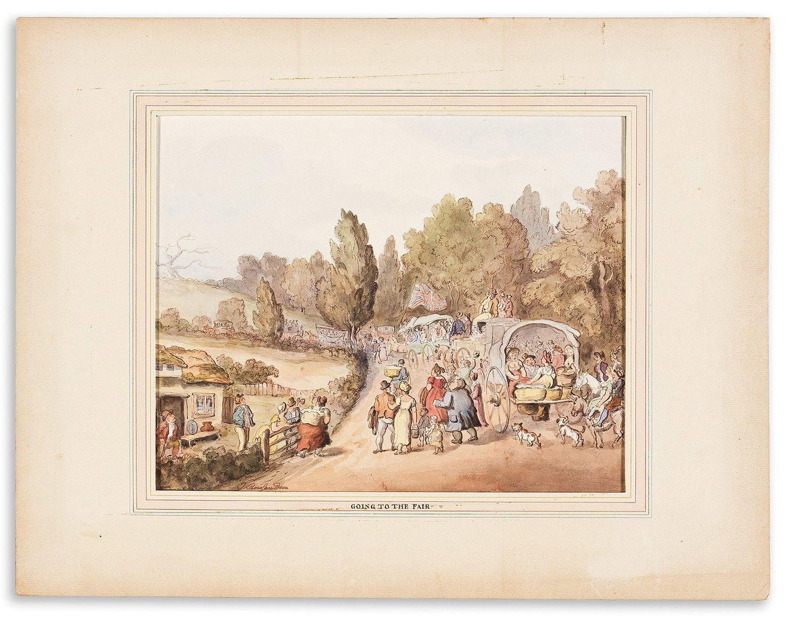 (CARICATURE.) Thomas Rowlandson, attributed to. Going to the Fair. London, circa 1800: (CARICATURE.) Thomas Rowlandson, attributed to. Going to the Fair. London, circa 1800 Ink and watercolor on paper laid to heavy board, signed lower left. 10x12½ inches sheet size; hand-ruled and 