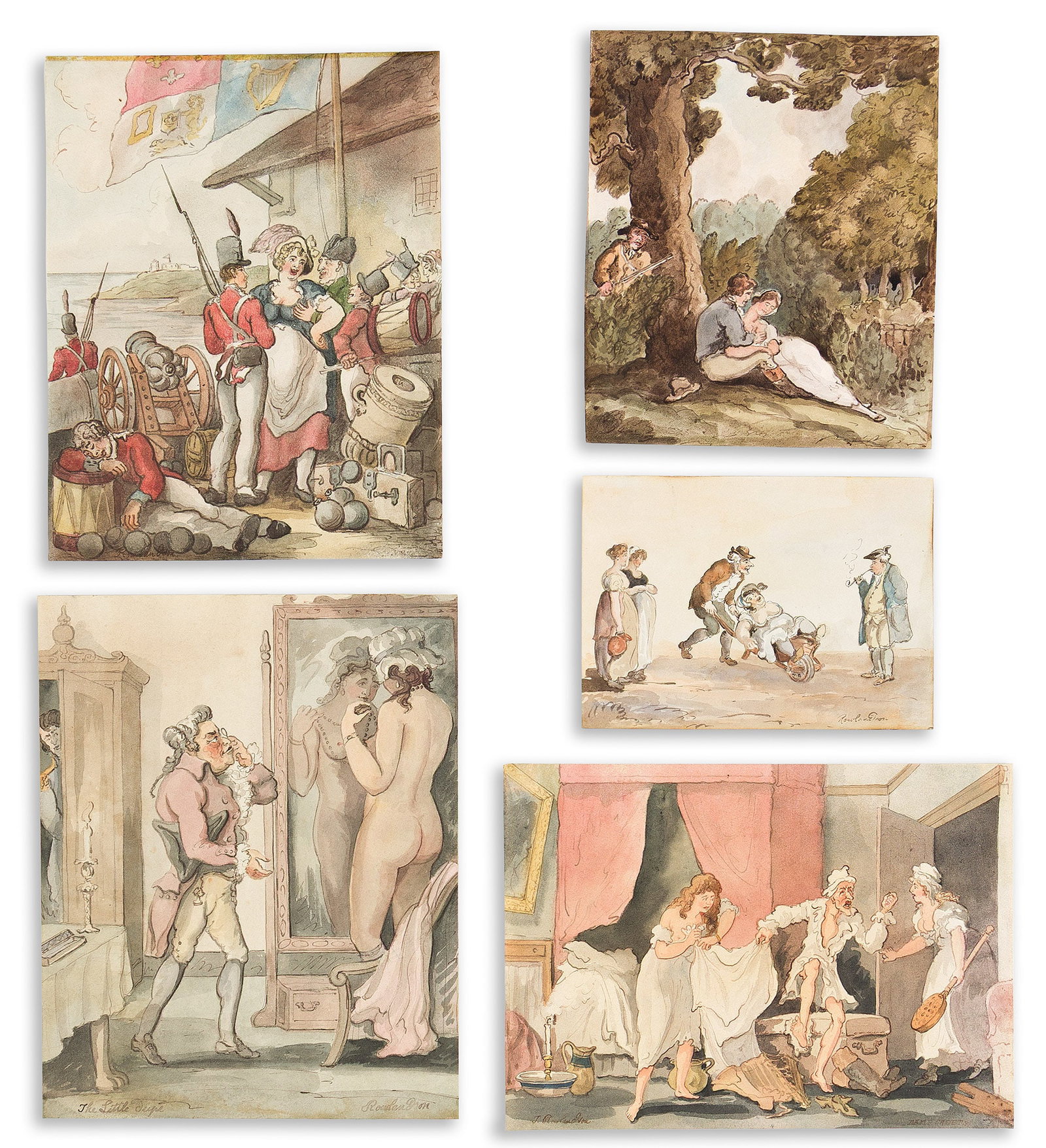 (CARICATURE.) English School, attributed to or in the style of Thomas Rowlandson. Group of 8 (1 of 2)