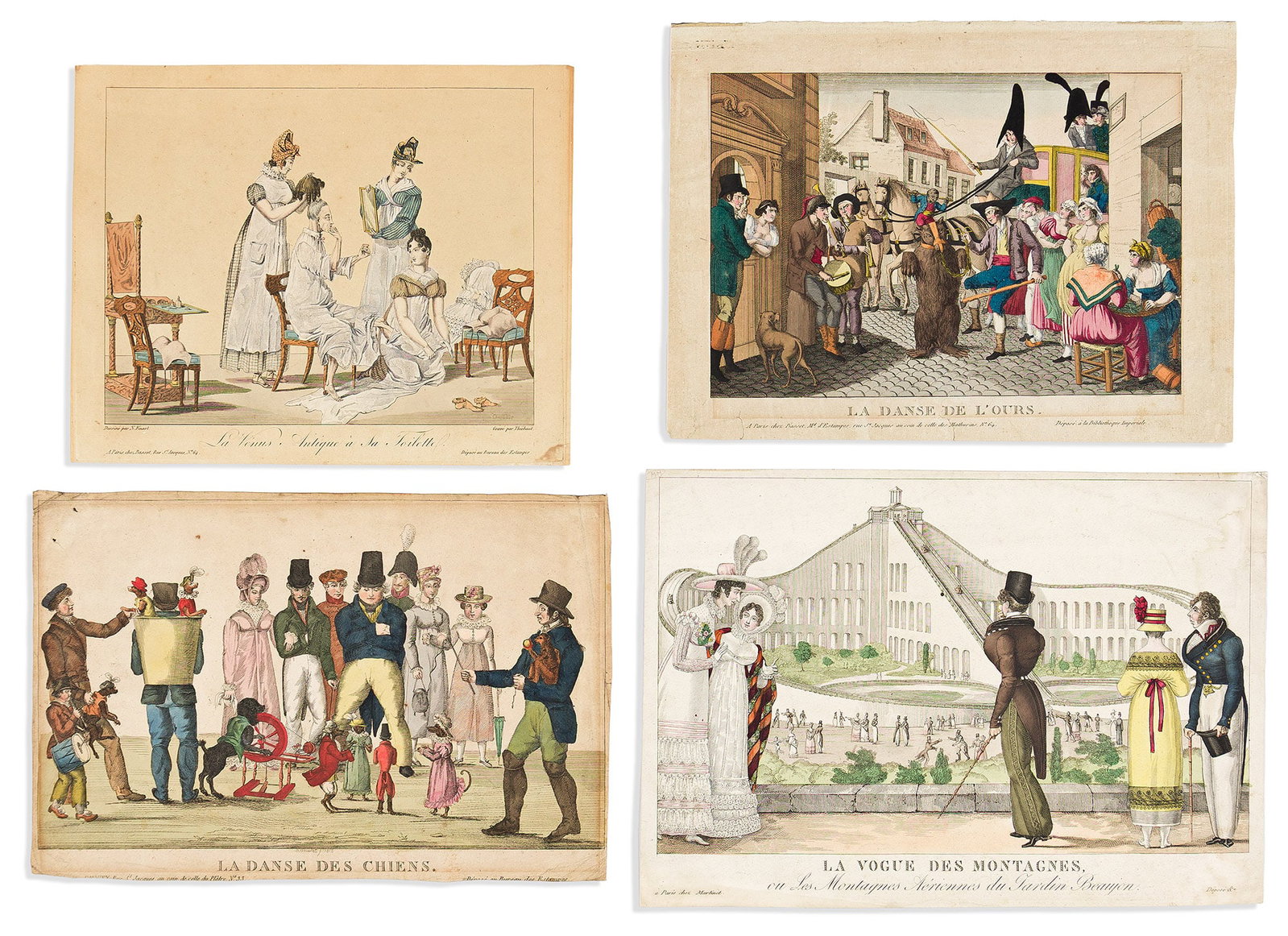 (COMICS.) Group of 4 nineteenth-century semi-satirical French cartoons. Paris, vd: (COMICS.) Group of 4 nineteenth-century semi-satirical French cartoons. Paris, vd Louis-Gustave Thiebaut; after David Noel-Dieudonne Finart. La Venus Antique a Sa Toilette. Hand-colored etc