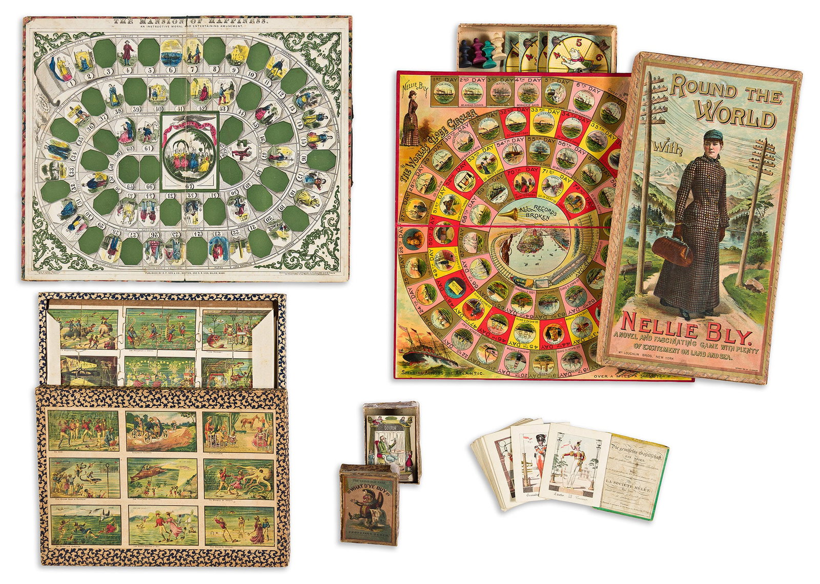 (GAMES.) Collection of 14 nineteenth-century board games and puzzles. Vp, vd: (GAMES.) Collection of 14 nineteenth-century board games and puzzles. Vp, vd The Mansion of Happiness. D.P. and S.B. Ives. Hand-colored lithograph, cloth backed marbled paper boards with pri