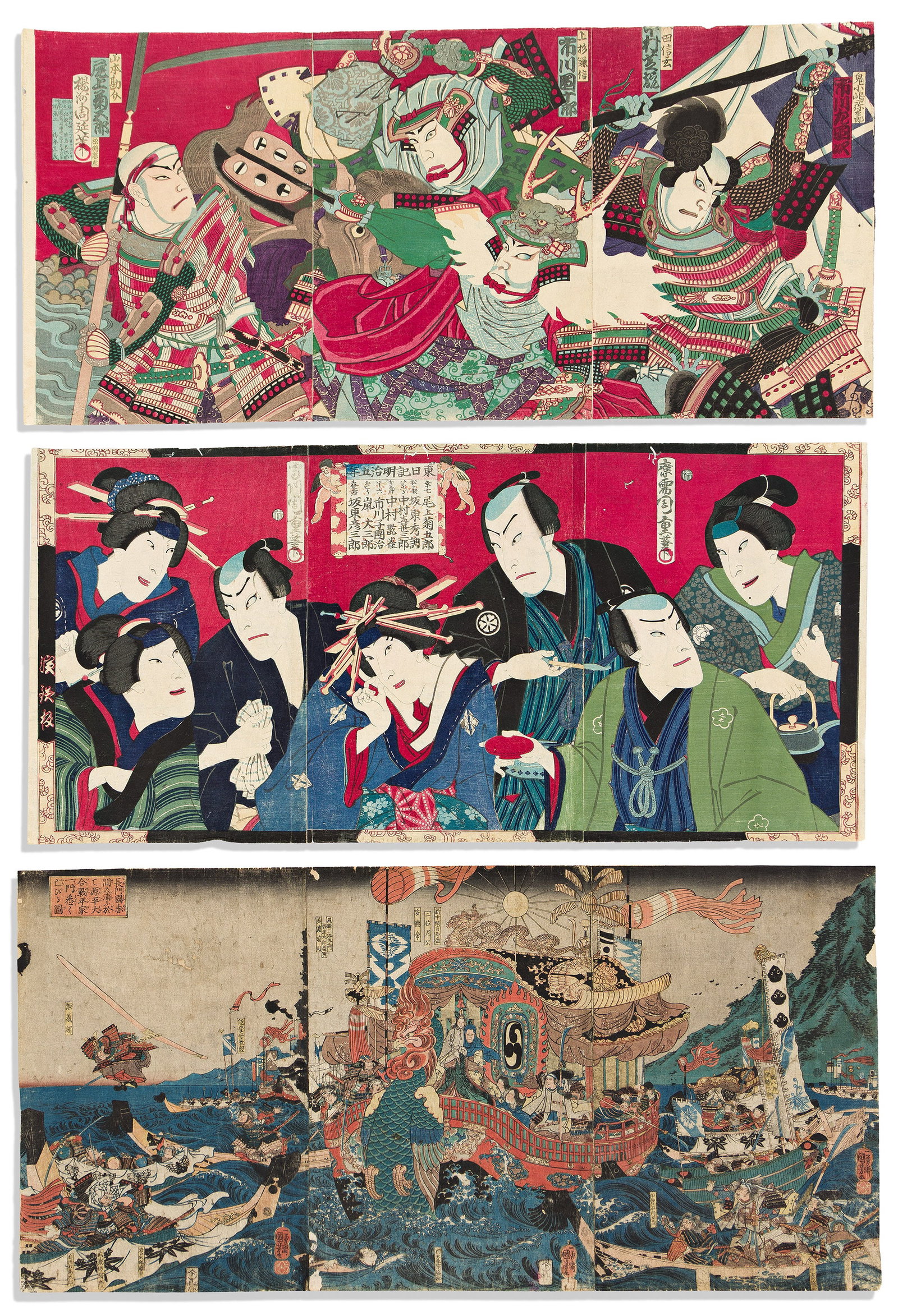 (JAPAN.) Group of 3 ukiyo-e color woodblock triptychs. Japan, mid-nineteenth century (1 of 1)