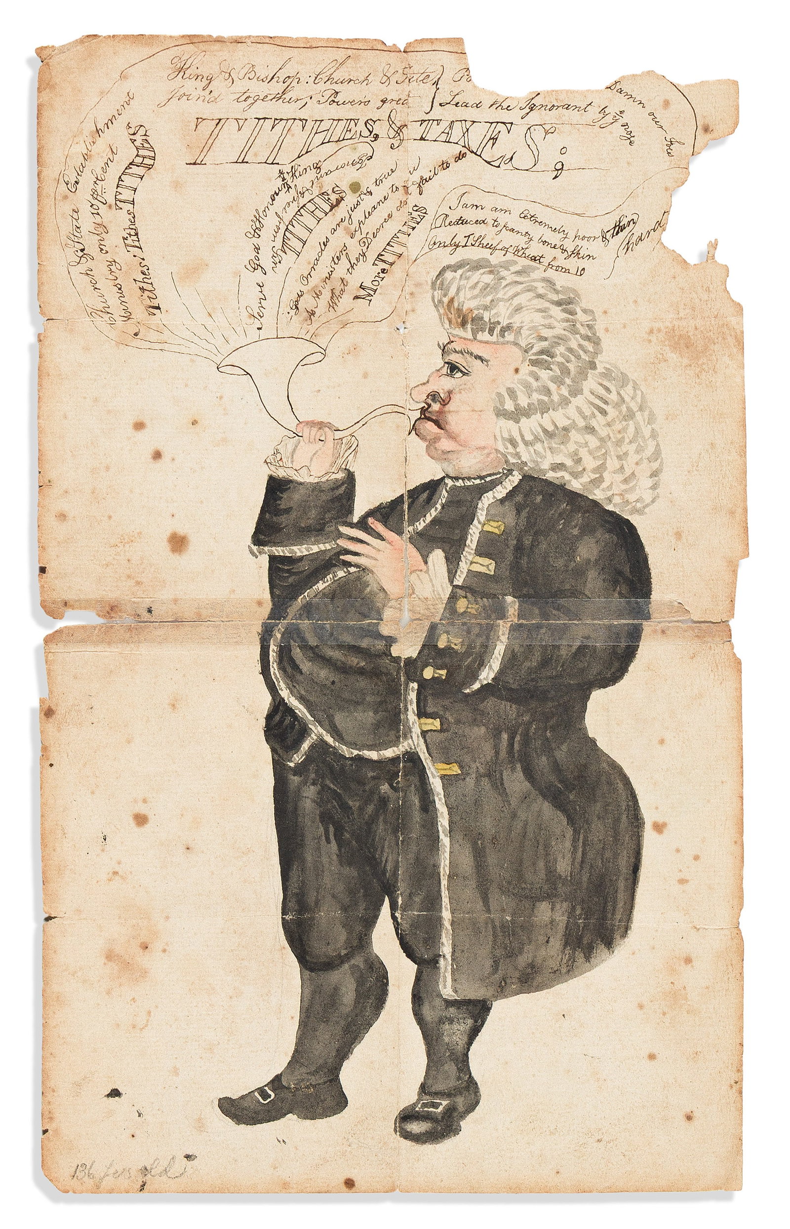 (SATIRE.) Double-sided hand-drawn eighteenth-century political cartoon concerning British taxation.: (SATIRE.) Double-sided hand-drawn eighteenth-century political cartoon concerning British taxation. Np, circa 1790s Ink and watercolor on laid paper. 12¼x7½ inches sheet size; cello tape rep