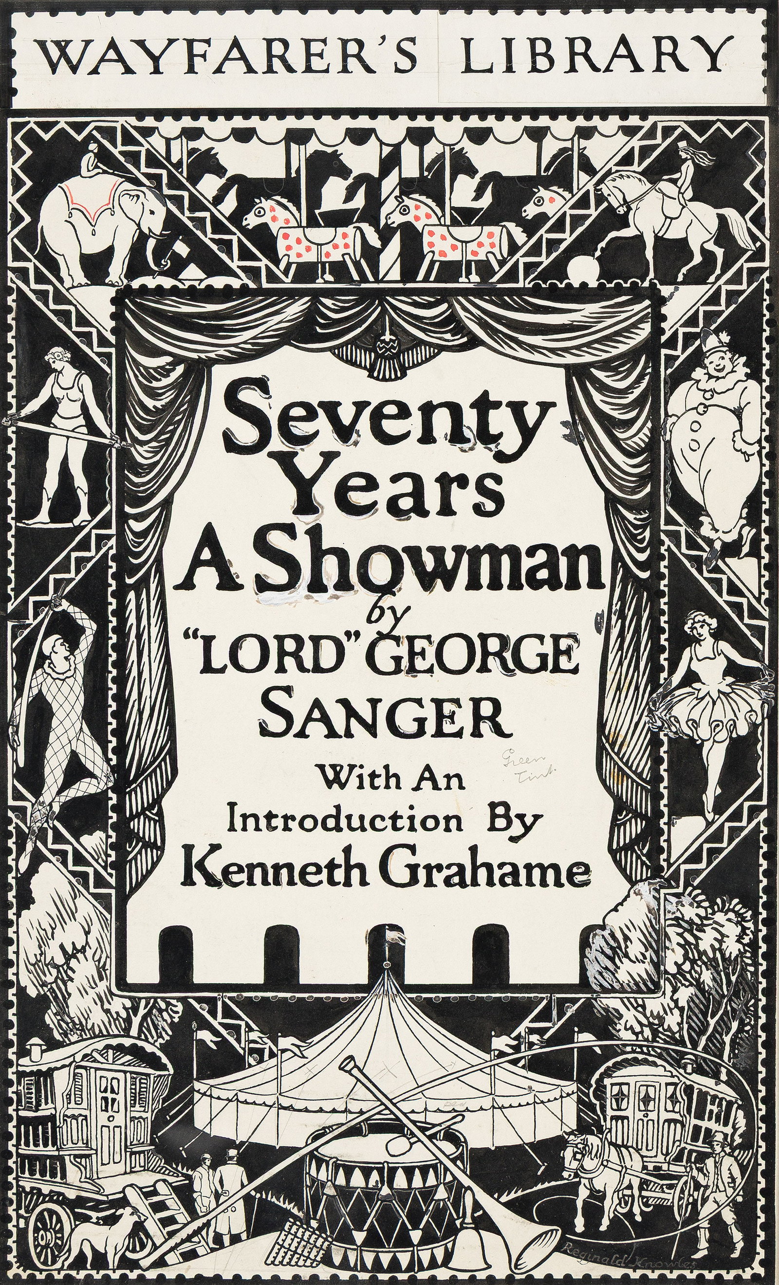 Reginald Lionel Knowles, (1879-1950), Seventy Years a Showman. 1927.: Reginald Lionel Knowles (1879-1950) Seventy Years a Showman. 1927. Black and red ink, heightened in white, on white artist's board. Signed in lower right. Publication: Includes custom book label for