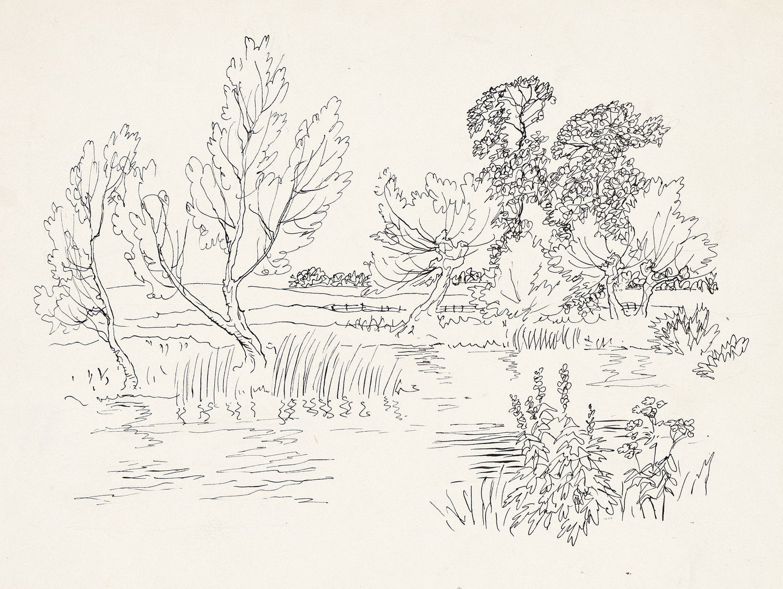 Arthur Rackham, (1867-1939), Preparatory sketch of a riverside scene. Circa 1940. (1 of 2)