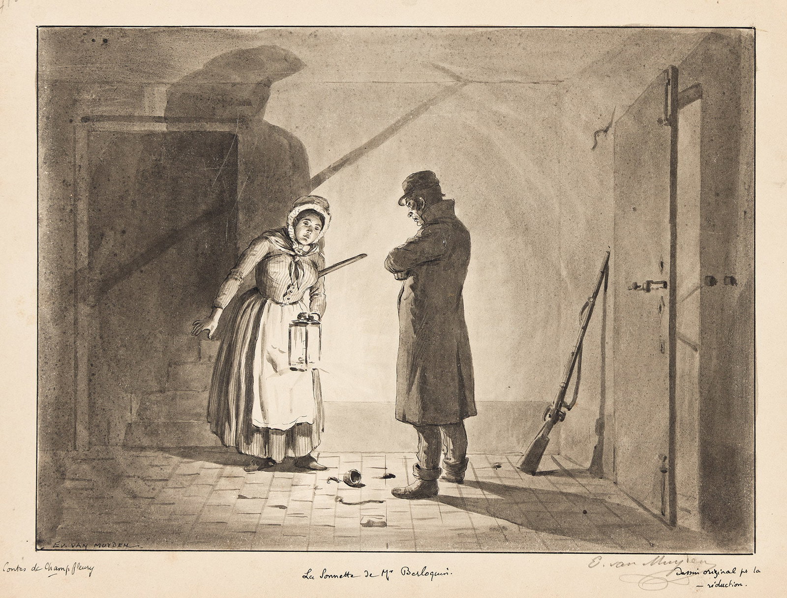 Evert van Muyden, (1853-1922), La Sonette de Monsieur Berloquin. 1891.: Evert van Muyden (1853-1922) La Sonette de Monsieur Berloquin. 1891. Ink and wash on Bristol board. Signed in lower left image in ink; signed in lower right margin in pencil. Author, title, and inscri