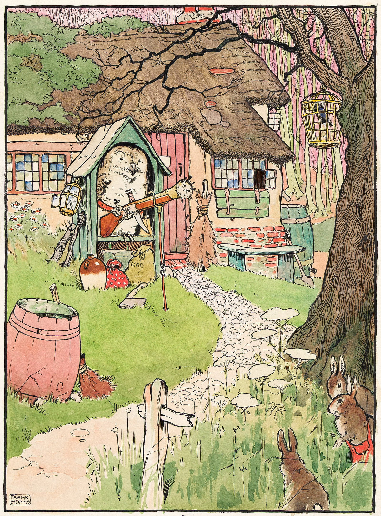 Frank Adams, American (1871-1944), "Mother Goose had a house, ‘twas built in a wood, where an: Frank Adams American, (1871-1944) "Mother Goose had a house, ‘twas built in a wood, where an Owl at the door for sentinel stood." Circa 1915. Watercolor on board. Signed in lower left. Includes 