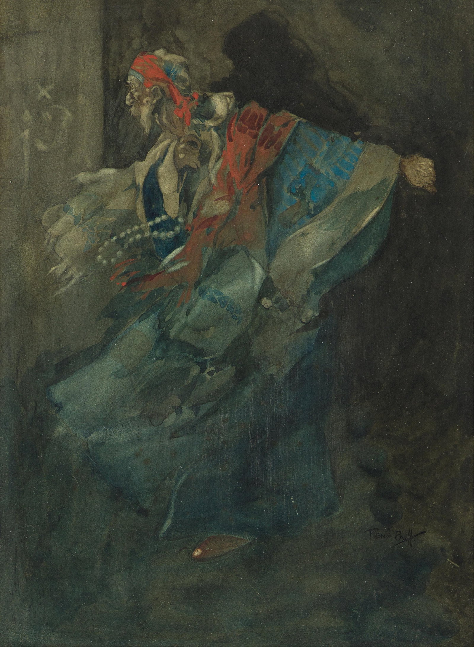 René Bull, (1870-1942), Elderly Arab man. Circa 1915.: René Bull (1870-1942) Elderly Arab man. Circa 1915. Watercolor on board. Signed in lower right. Artist's notes written in pencil, verso. 11 1/2 x 8 1/2 in. (29.2 x 21.6 cm.) Additional D
