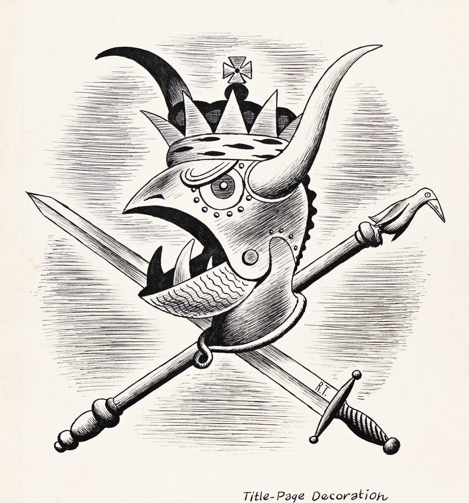 Richard Taylor, (1902-1970), Title-Page Decoration. Circa 1932.: Richard Taylor (1902-1970) Title-Page Decoration. Circa 1932. Pen and ink on paper. Initialed in lower right image. Publication: Illustration from a contest submission for The Limited Editions Club