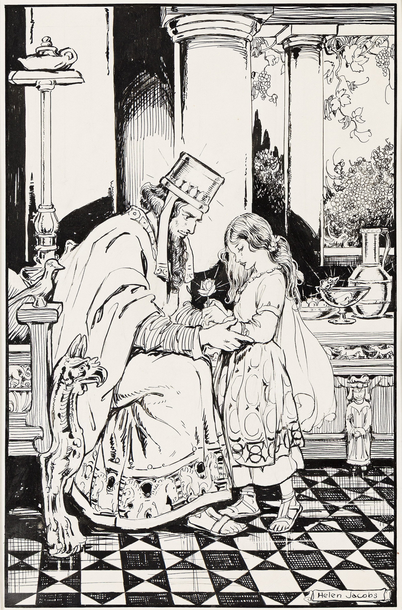 Helen Jacobs, (1888-1970), King Midas and the flower girl. Circa 1948.: Helen Jacobs (1888-1970) King Midas and the flower girl. Circa 1948. Pen and ink on paper. Signed in lower right. Publication: Published in issue 9 of the "Riverside Series" titled Tales of Old Gree