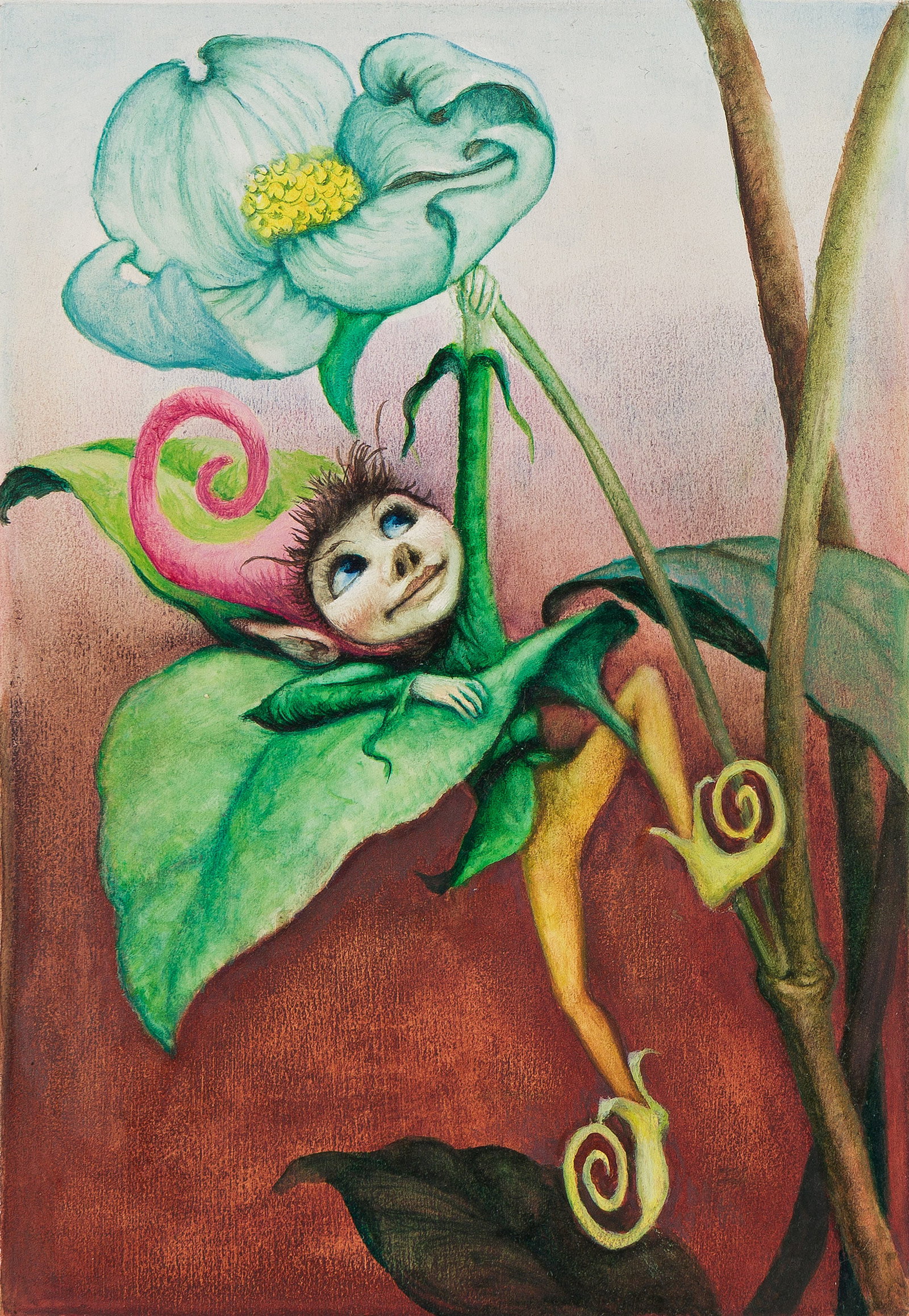 Garth Williams, (1912-1996), "He found a bush with flowers." 1963.: Garth Williams (1912-1996) "He found a bush with flowers." 1963. Mixed media on board. Publication: Interior illustration published in The Little Giant Girl and the Elf Boy by Else Holmelund Minarik (